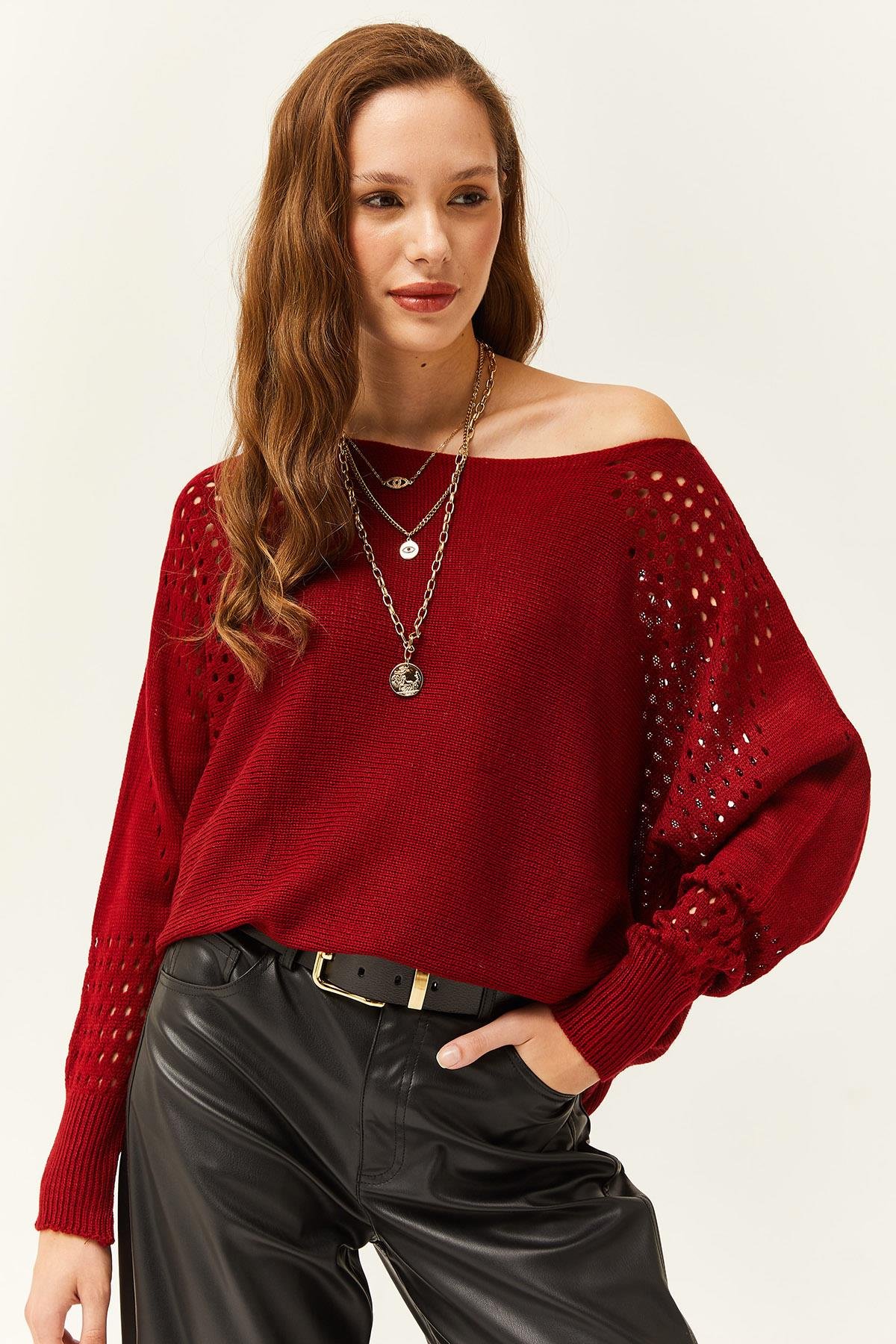 Ajurlu Yarasa Oversize Triko Kazak Bordo