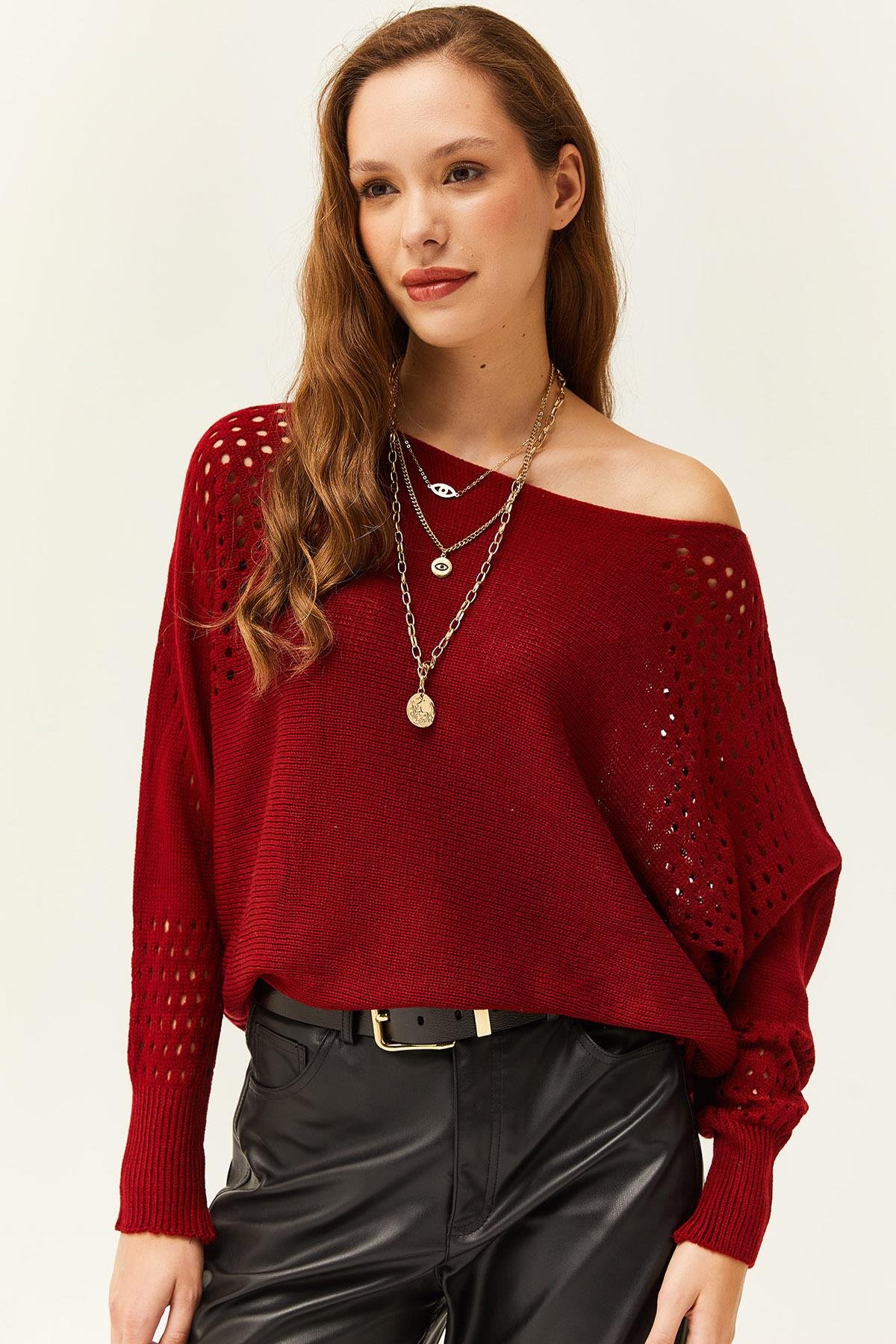 Ajurlu Yarasa Oversize Triko Kazak Bordo