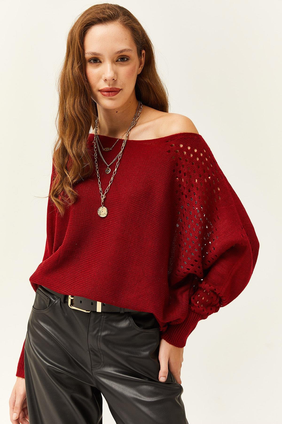 Ajurlu Yarasa Oversize Triko Kazak Bordo