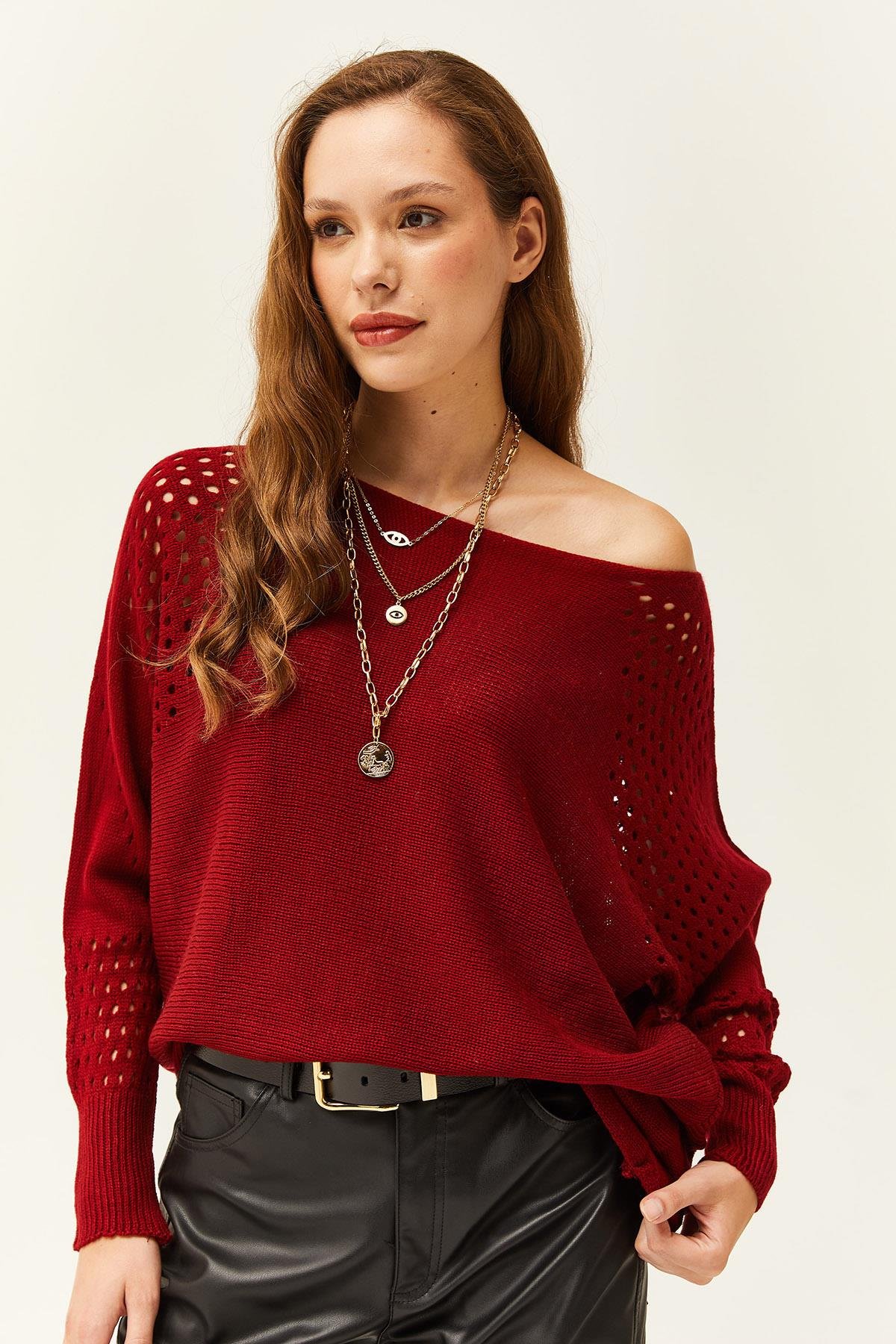 Ajurlu Yarasa Oversize Triko Kazak Bordo