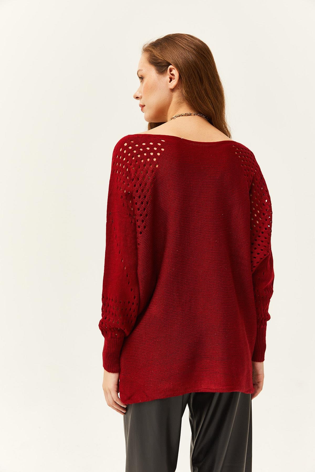 Ajurlu Yarasa Oversize Triko Kazak Bordo