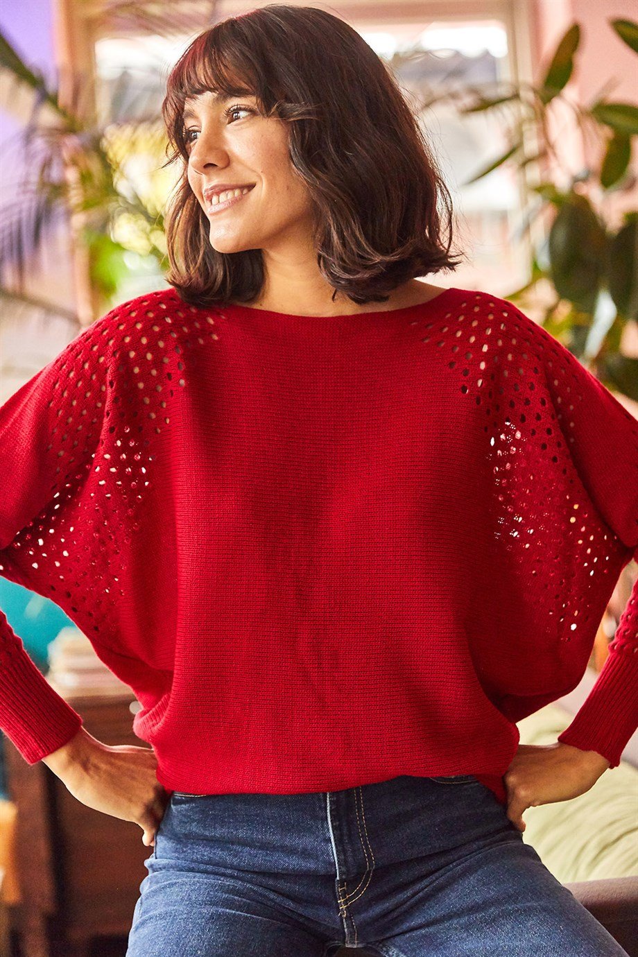 Ajurlu Yarasa Oversize Triko Kazak Kırmızı