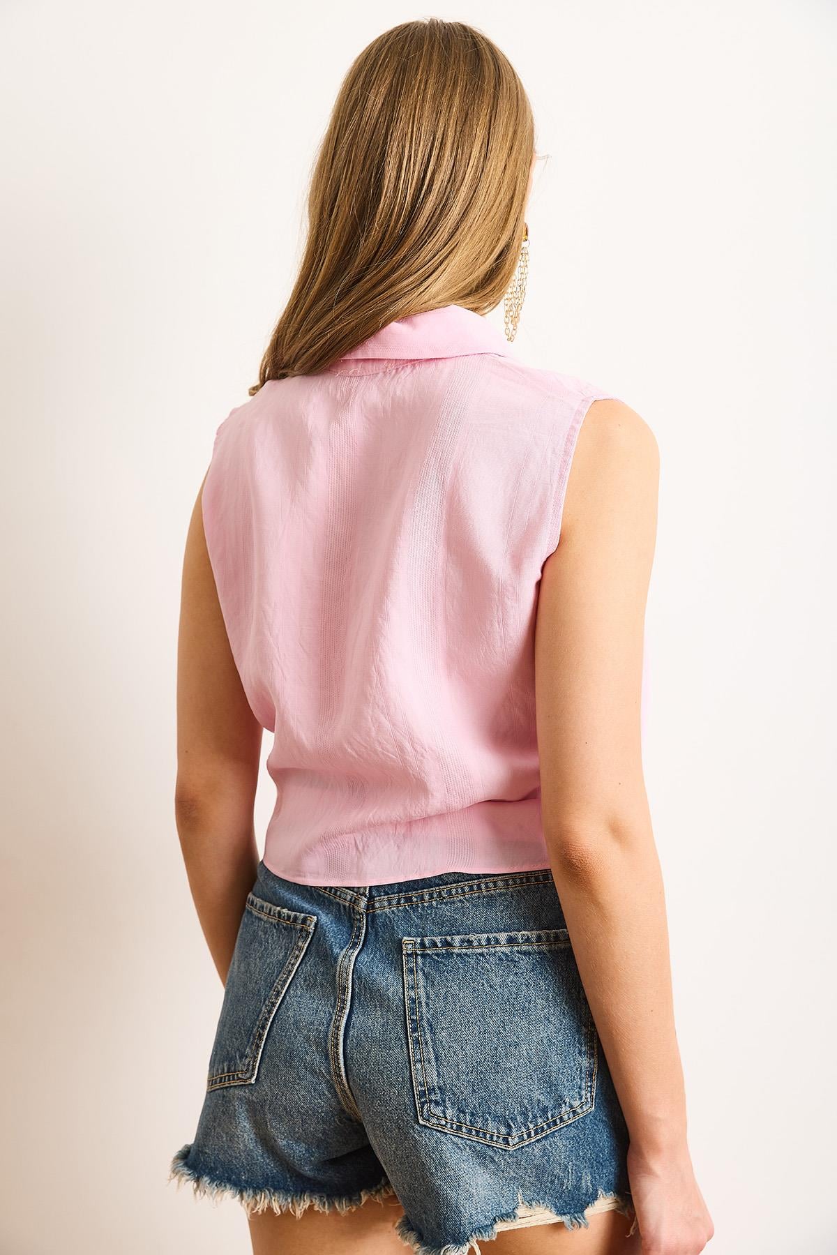 Altı Bağlamalı Transparan Şeritli Crop Gömlek Pembe