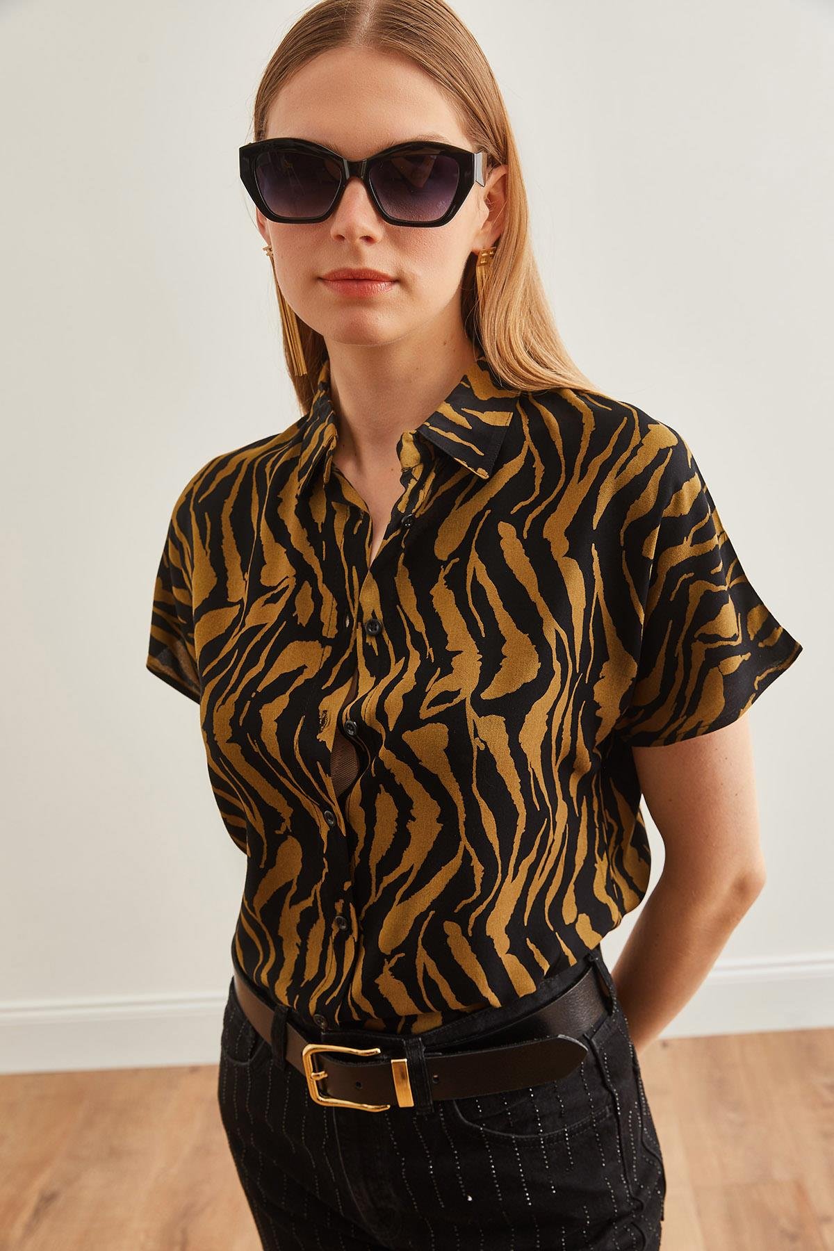 Animal Print Dökümlü Yarasa Viskon Gömlek Leopar Vizon