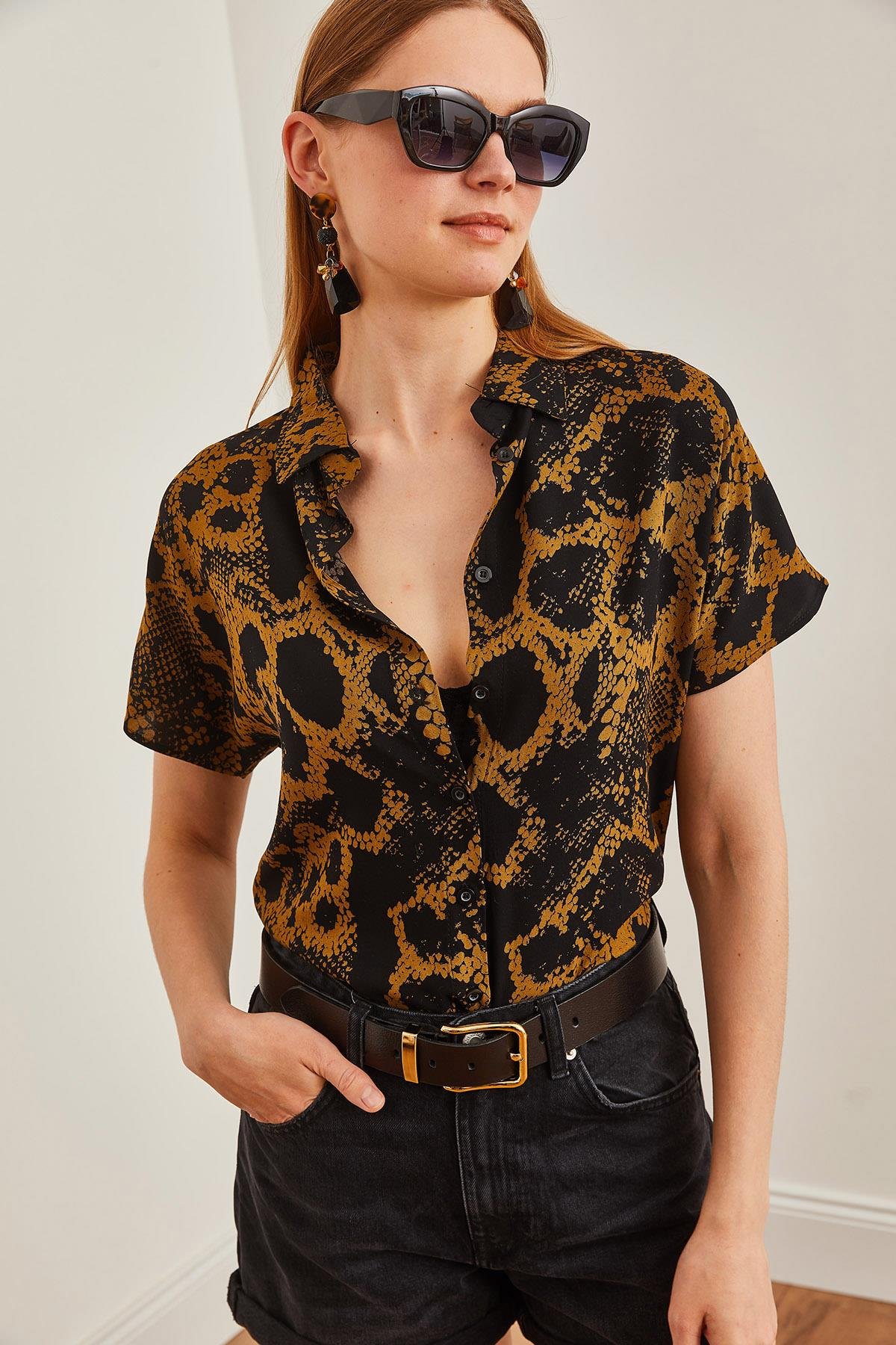 Animal Print Dökümlü Yarasa Viskon Gömlek Yılan Vizon