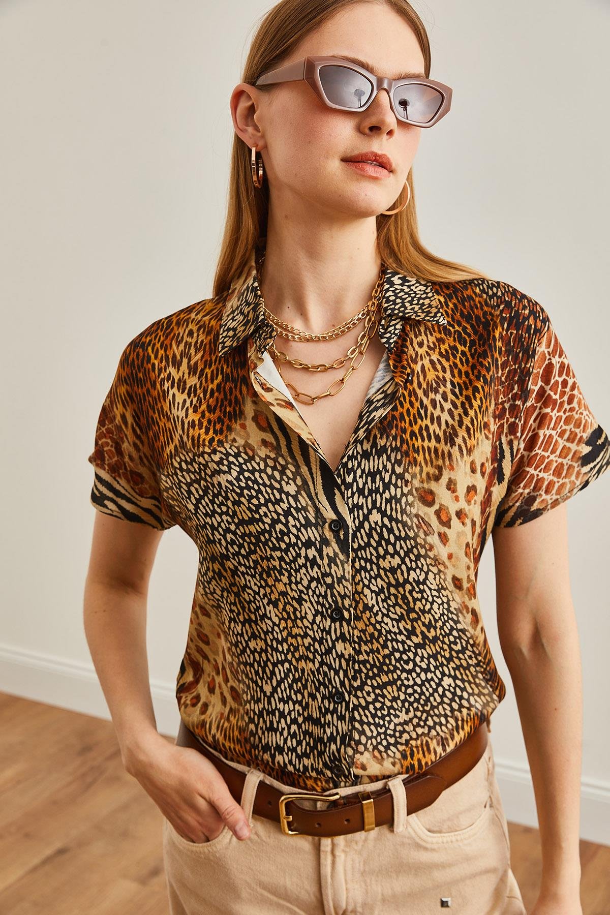 Animal Print Dökümlü Yarasa Viskon Gömlek Leopar Camel