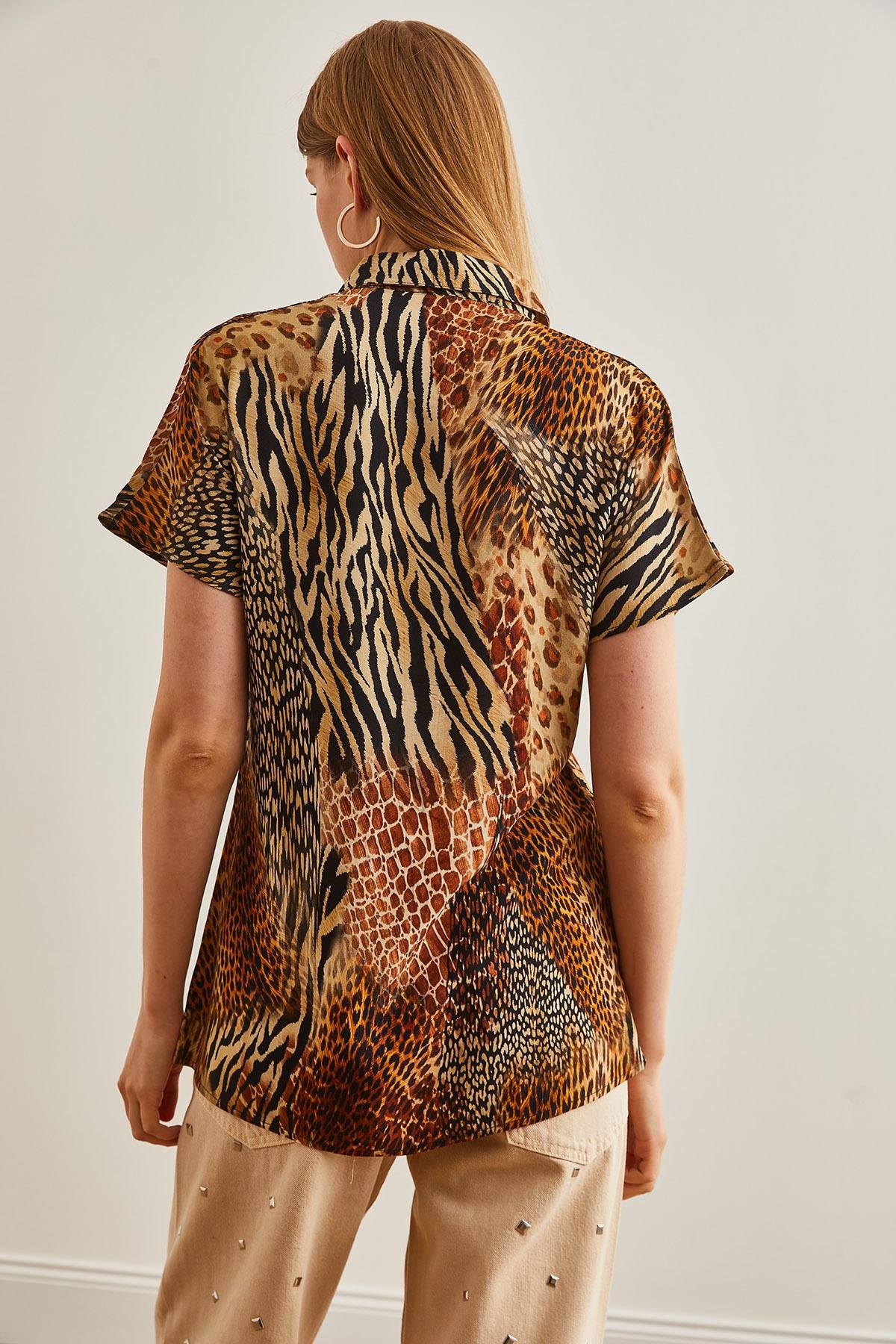 Animal Print Dökümlü Yarasa Viskon Gömlek Leopar Camel