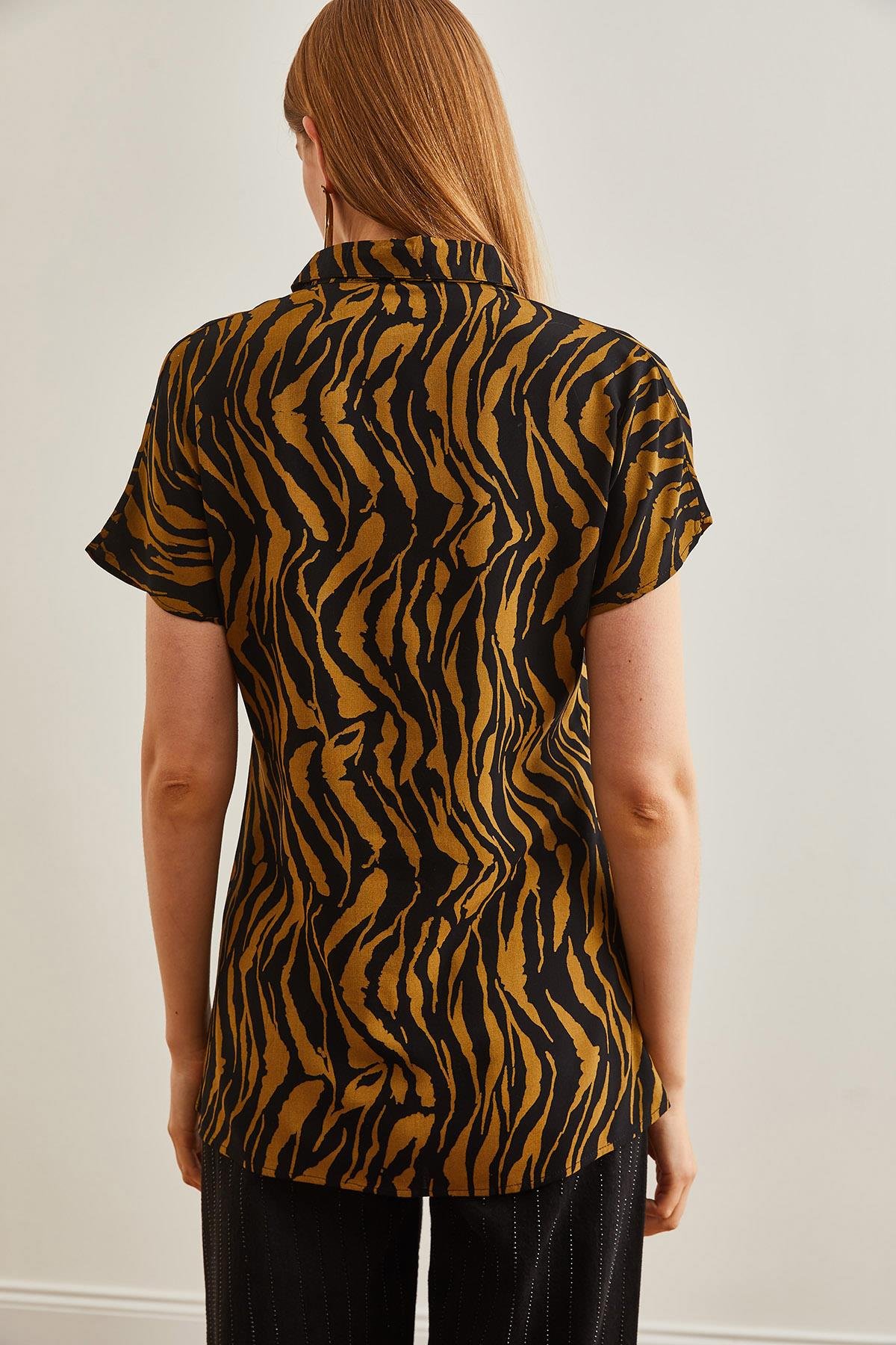 Animal Print Dökümlü Yarasa Viskon Gömlek Leopar Vizon
