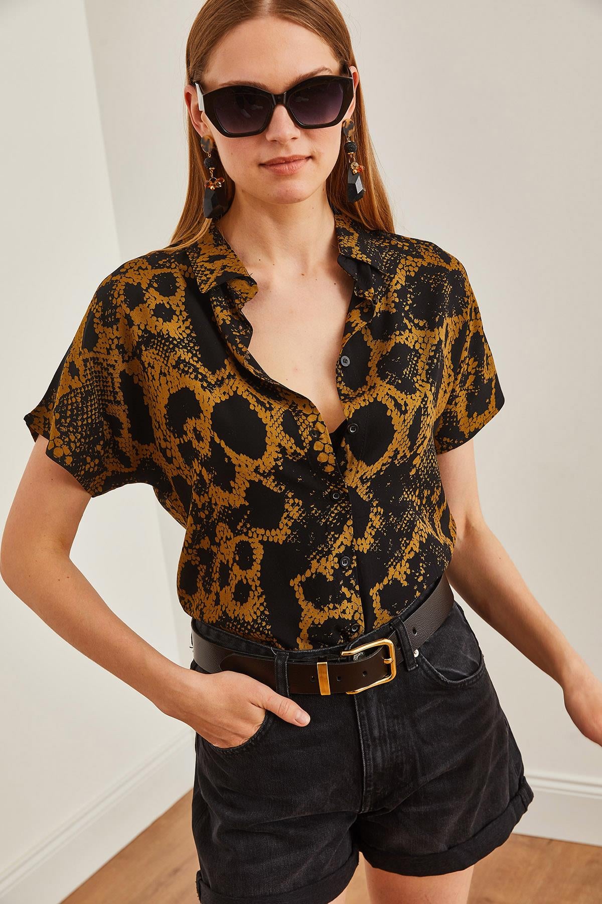 Animal Print Dökümlü Yarasa Viskon Gömlek Yılan Vizon