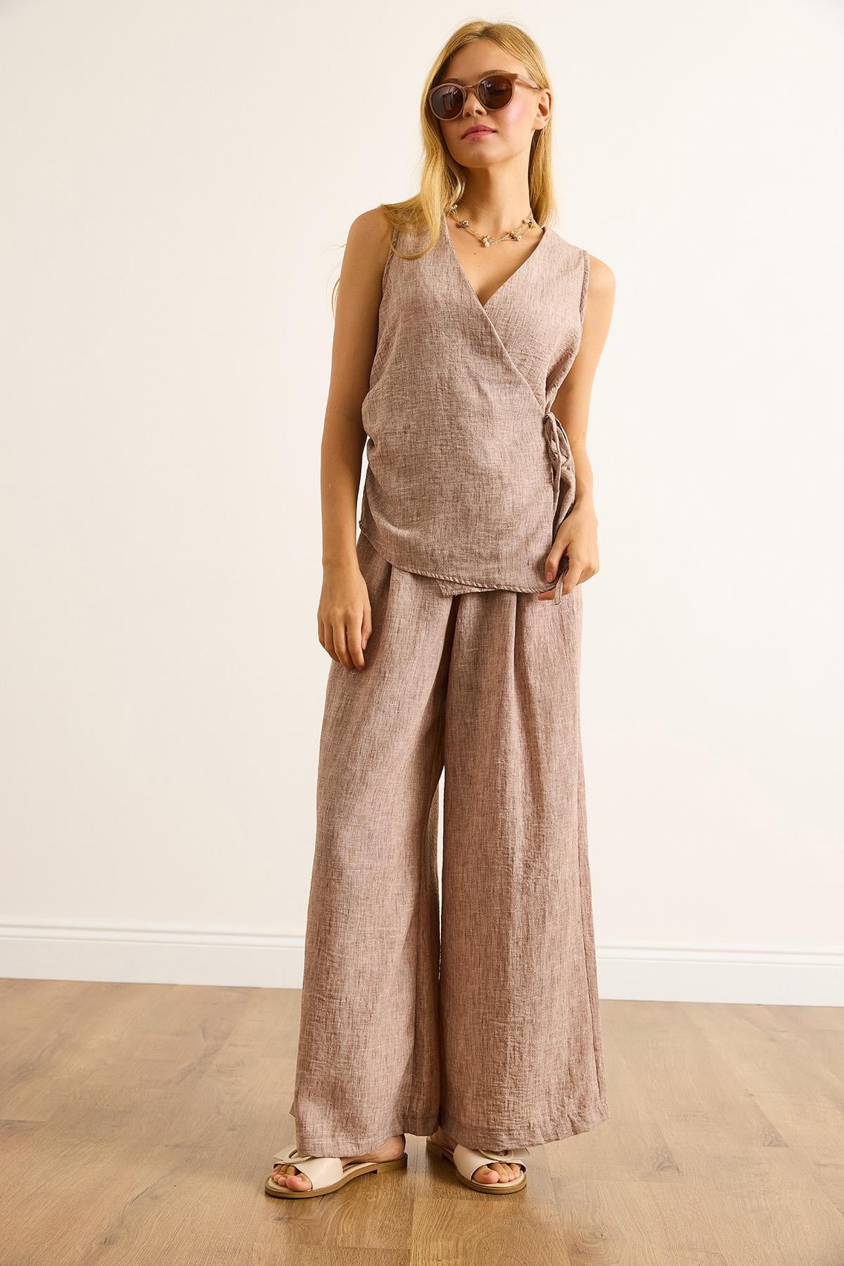 Anvelop Bluz Pileli Pantolon Takım Camel