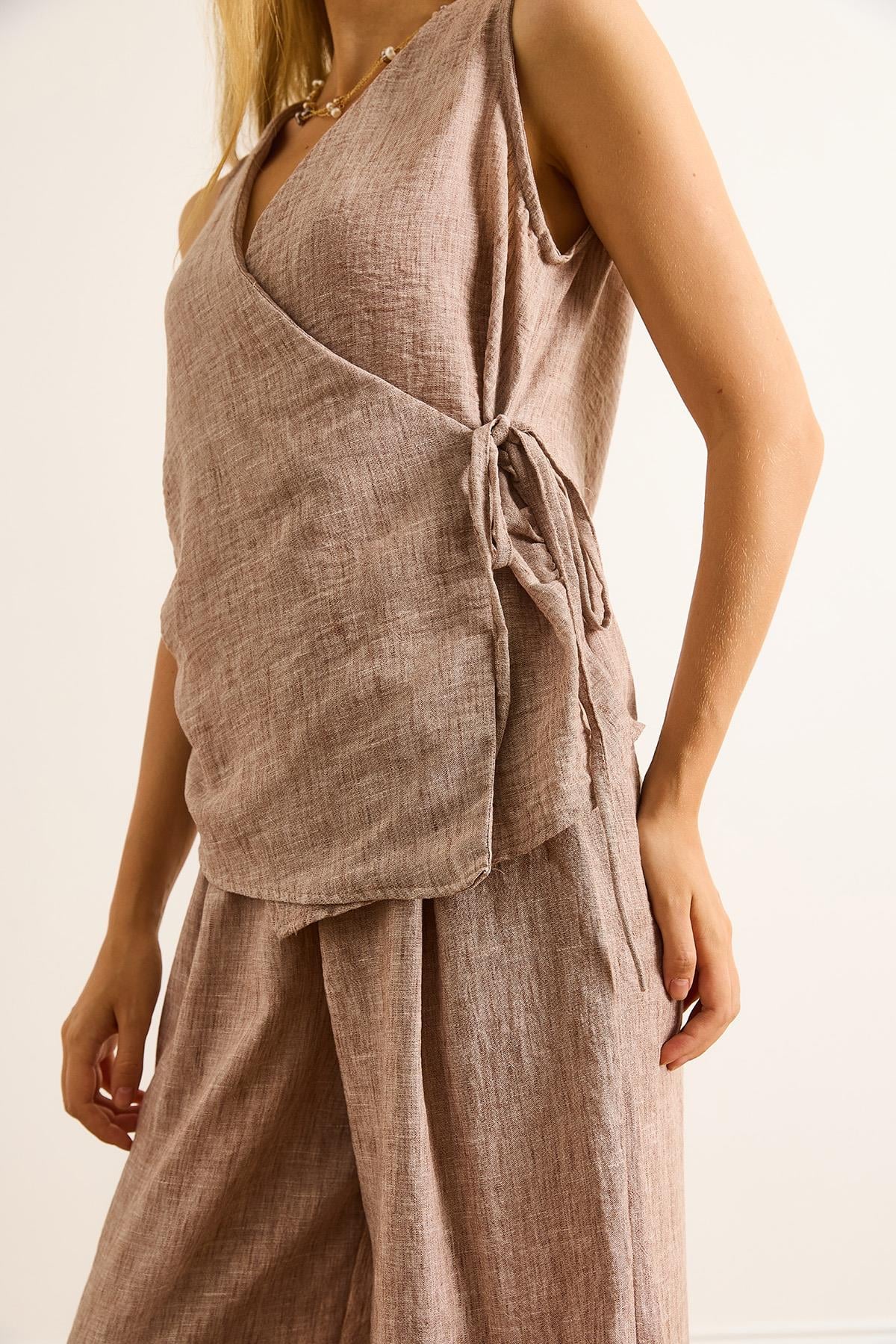 Anvelop Bluz Pileli Pantolon Takım Camel