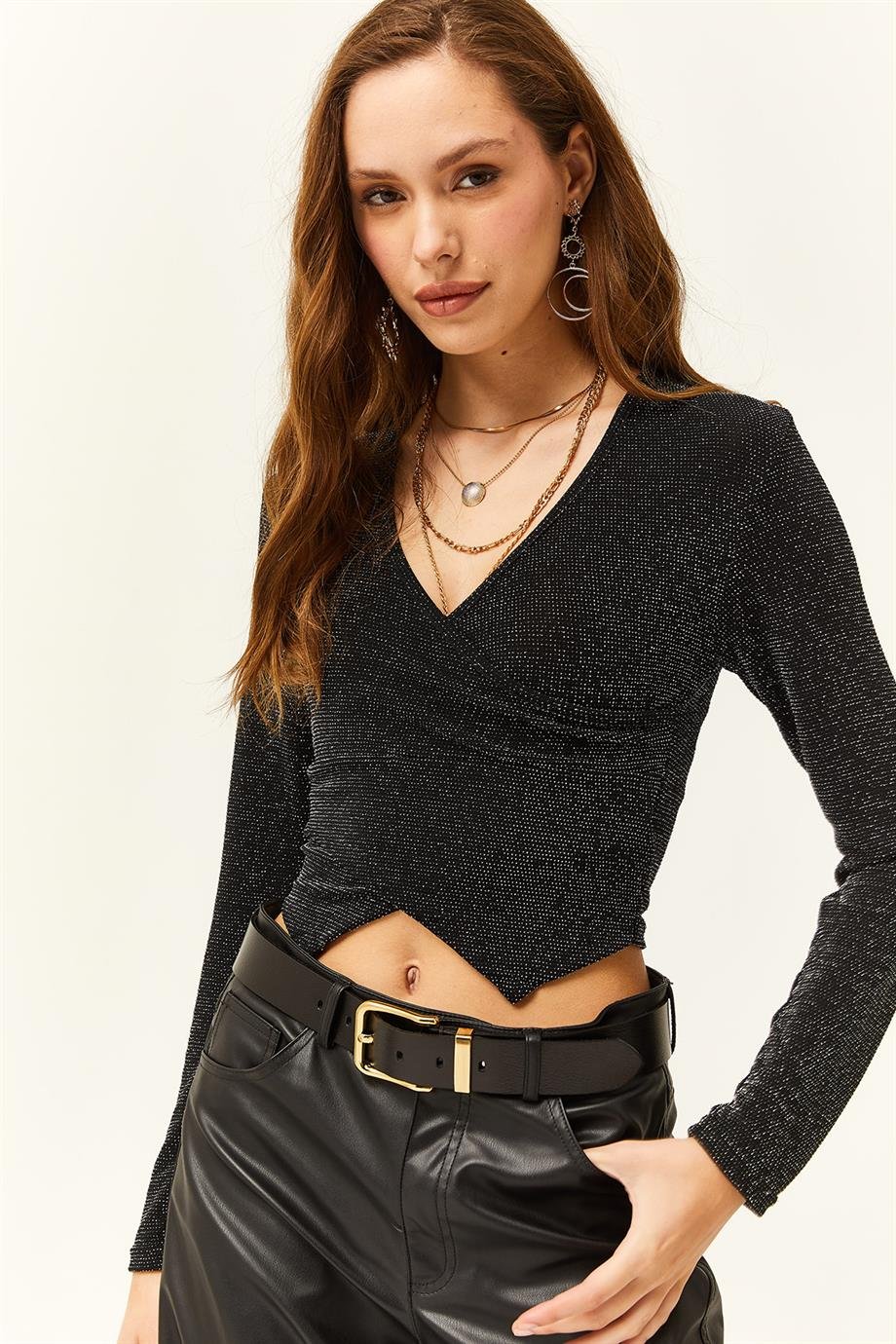 Anvelop Sim Detaylı Crop Bluz Siyah