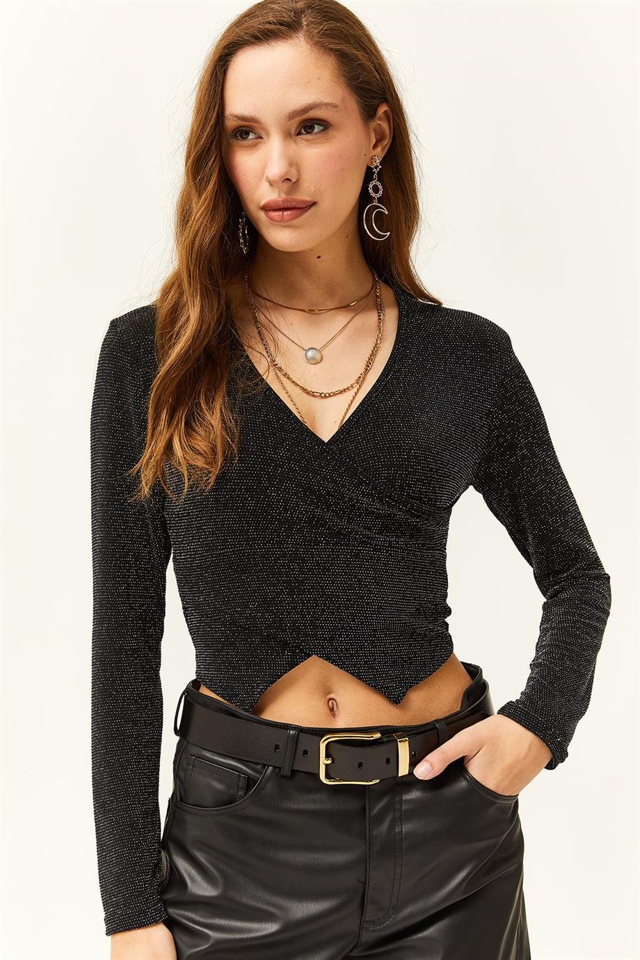 Anvelop Sim Detaylı Crop Bluz Siyah
