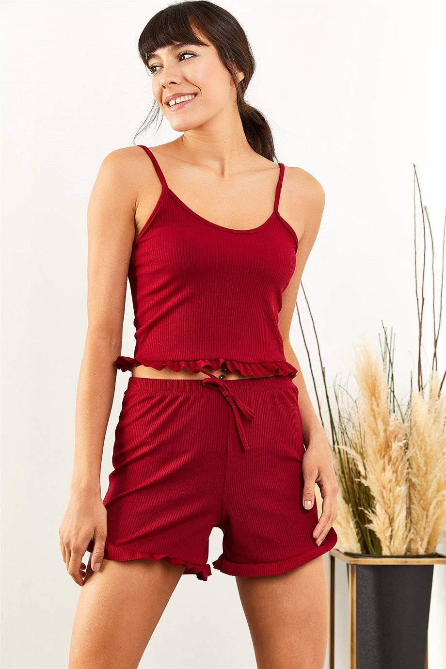 Askılı Fırfırlı Pijama Takımı Bordo