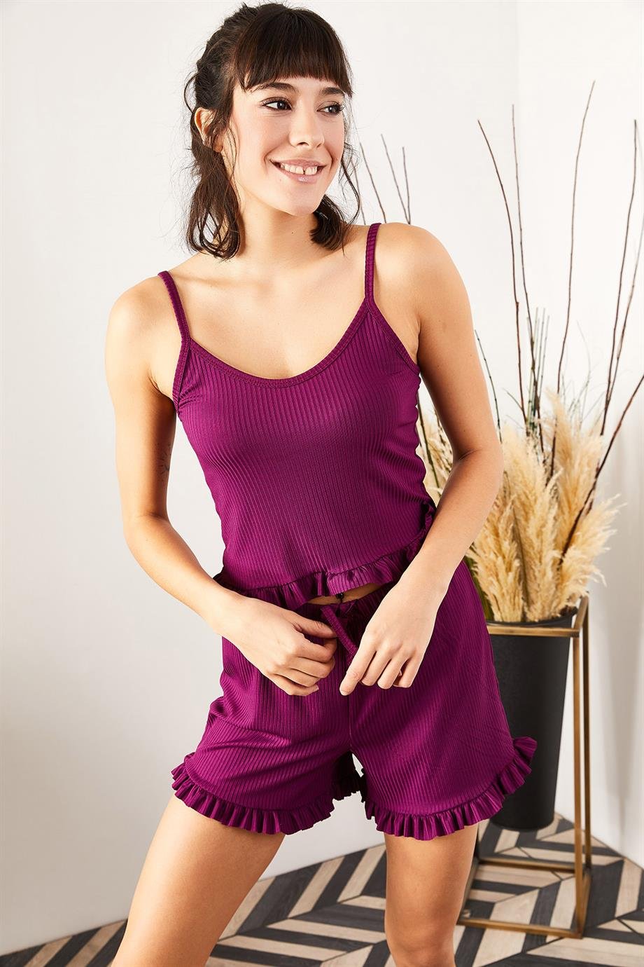Askılı Fırfırlı Pijama Takımı Mürdüm