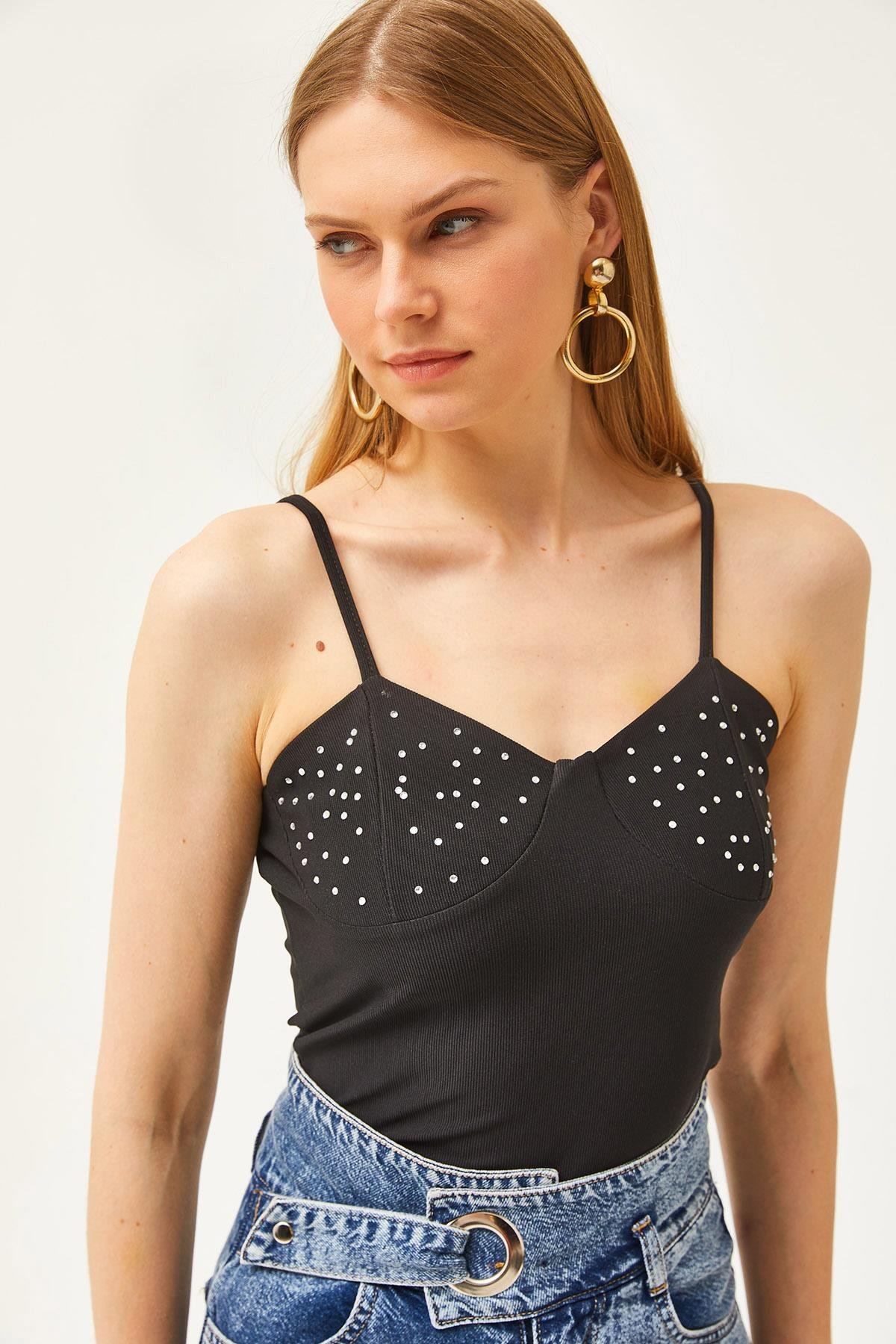 Askılı Taş Detaylı Ottoman Crop Bluz Siyah