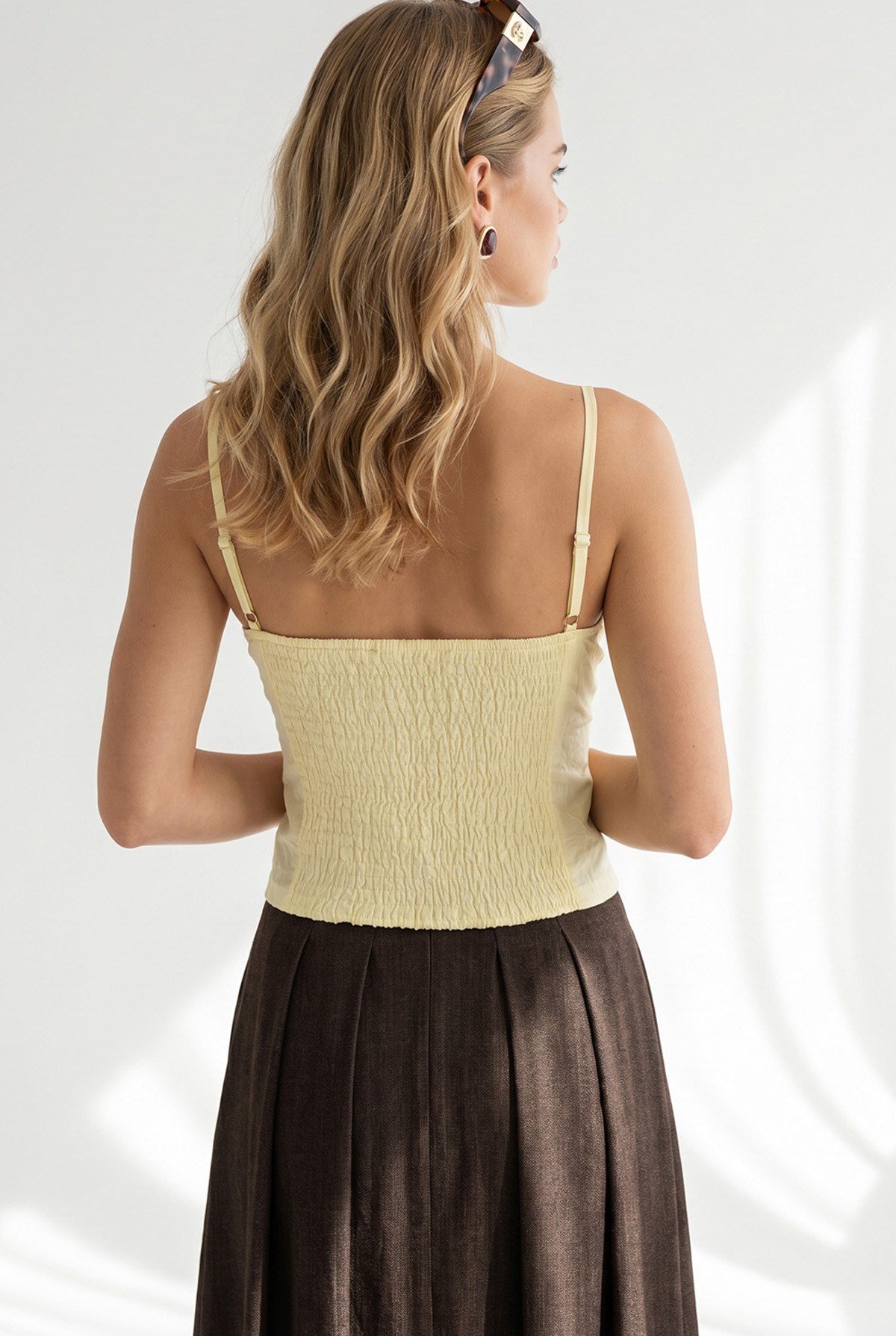 Askısı Ayarlanabilir Boncuk Detaylı Crop Bluz Sarı