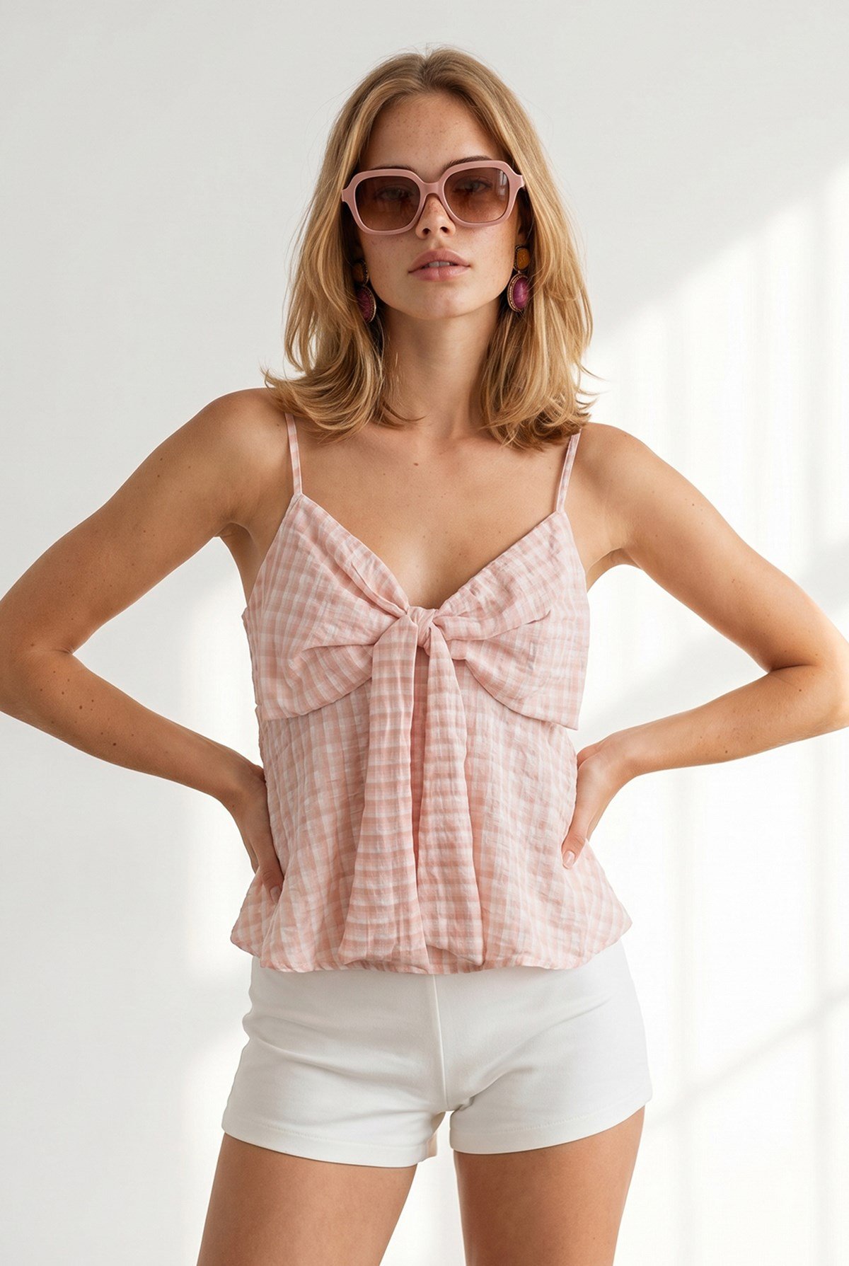 Askısı Ayarlanabilir Önü Fiyonk Pötikare Bluz Ekose Pudra