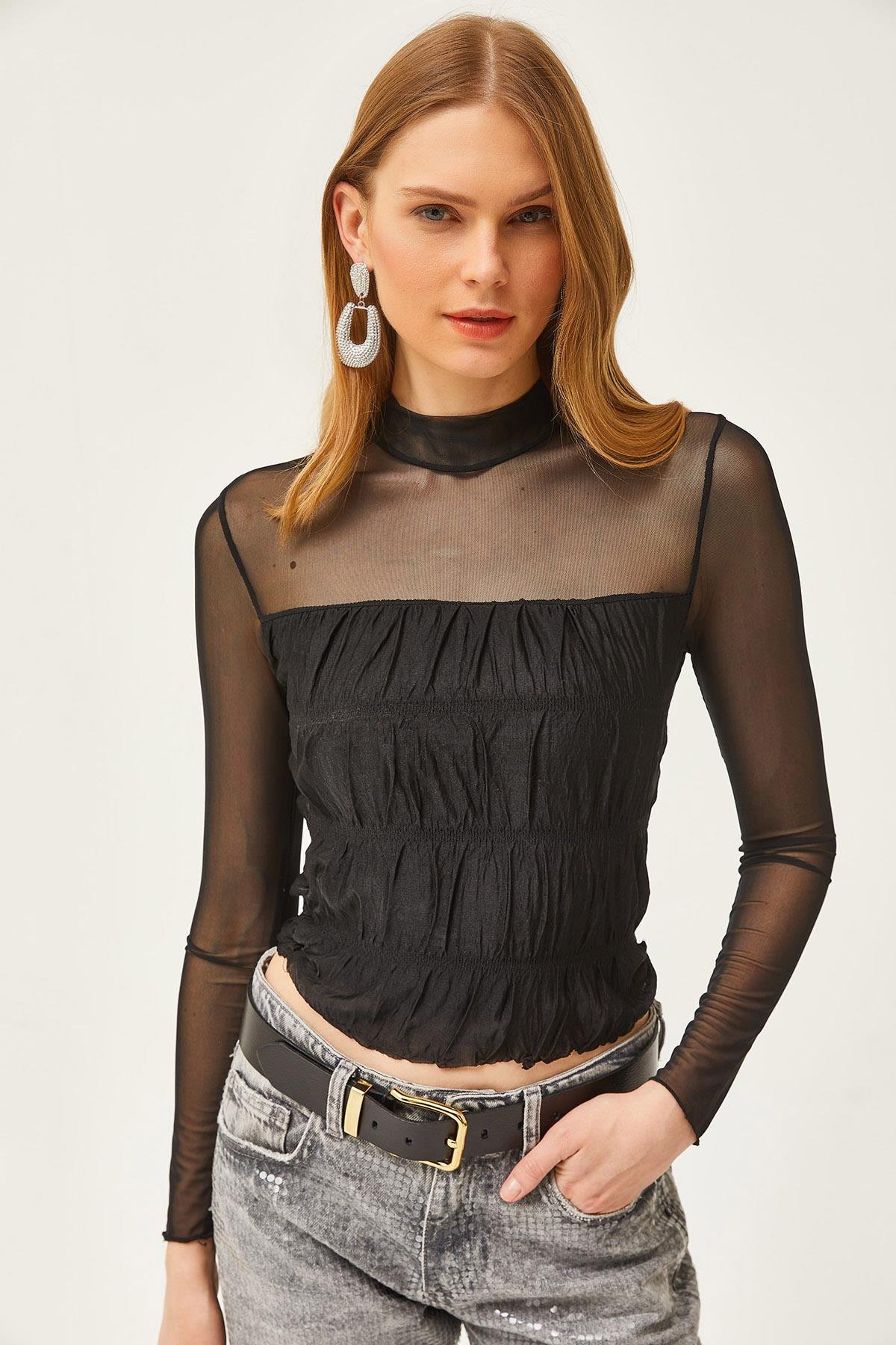 Astarlı Crop Tül Bluz Siyah