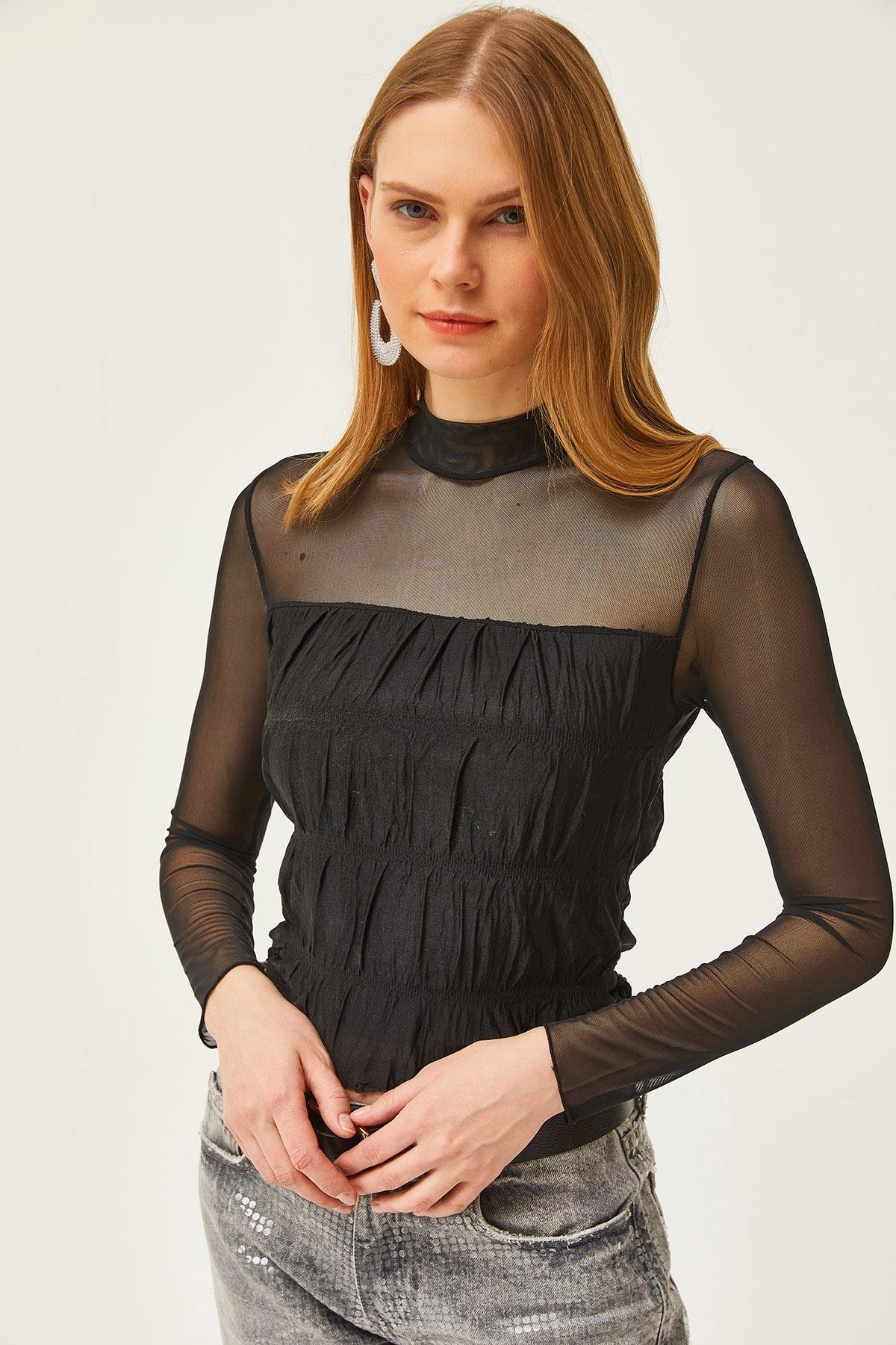 Astarlı Crop Tül Bluz Siyah