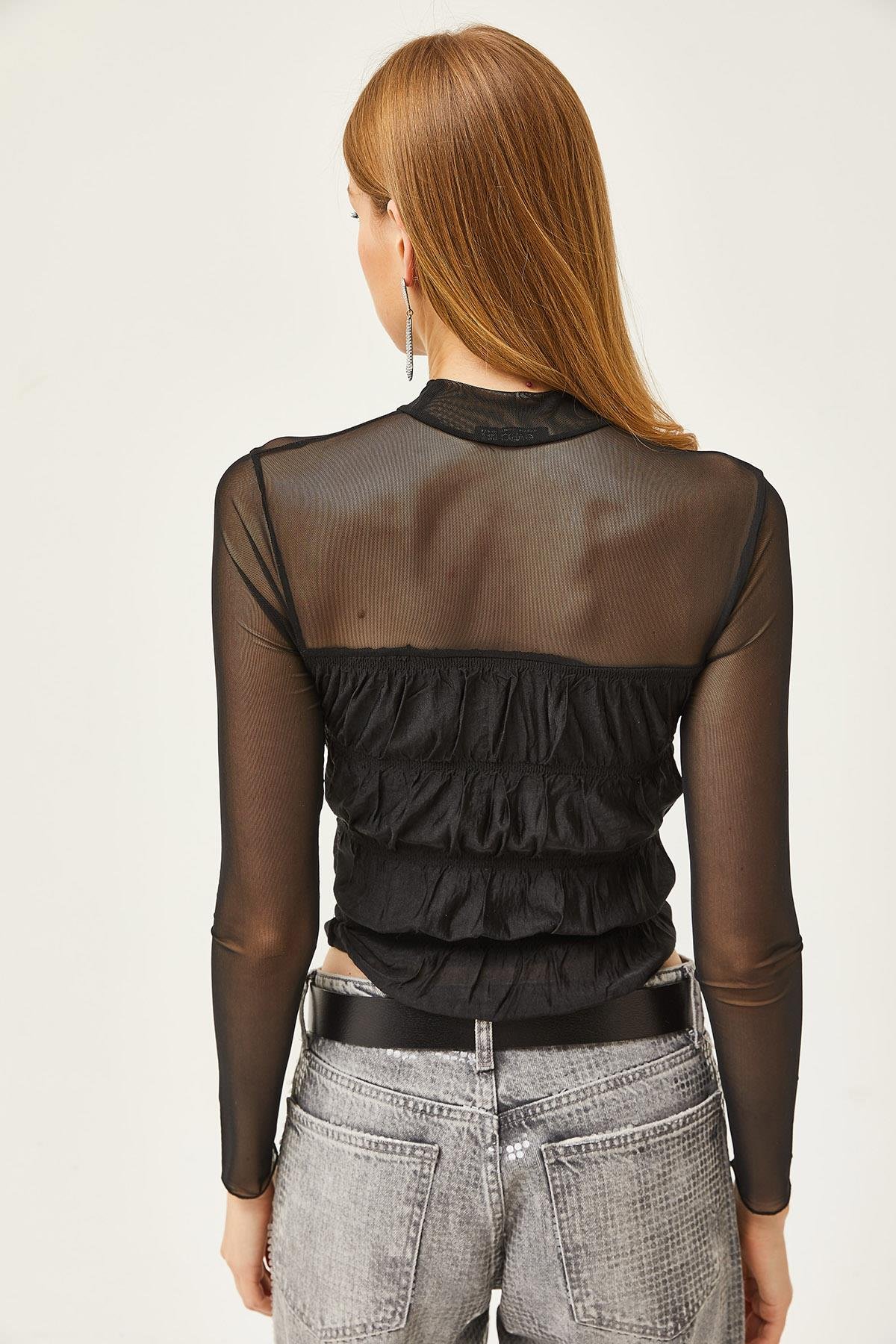 Astarlı Crop Tül Bluz Siyah