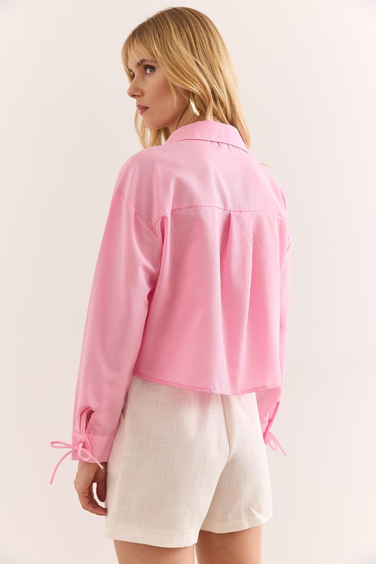 Bağcık Detaylı Crop Dokuma Gömlek Pembe