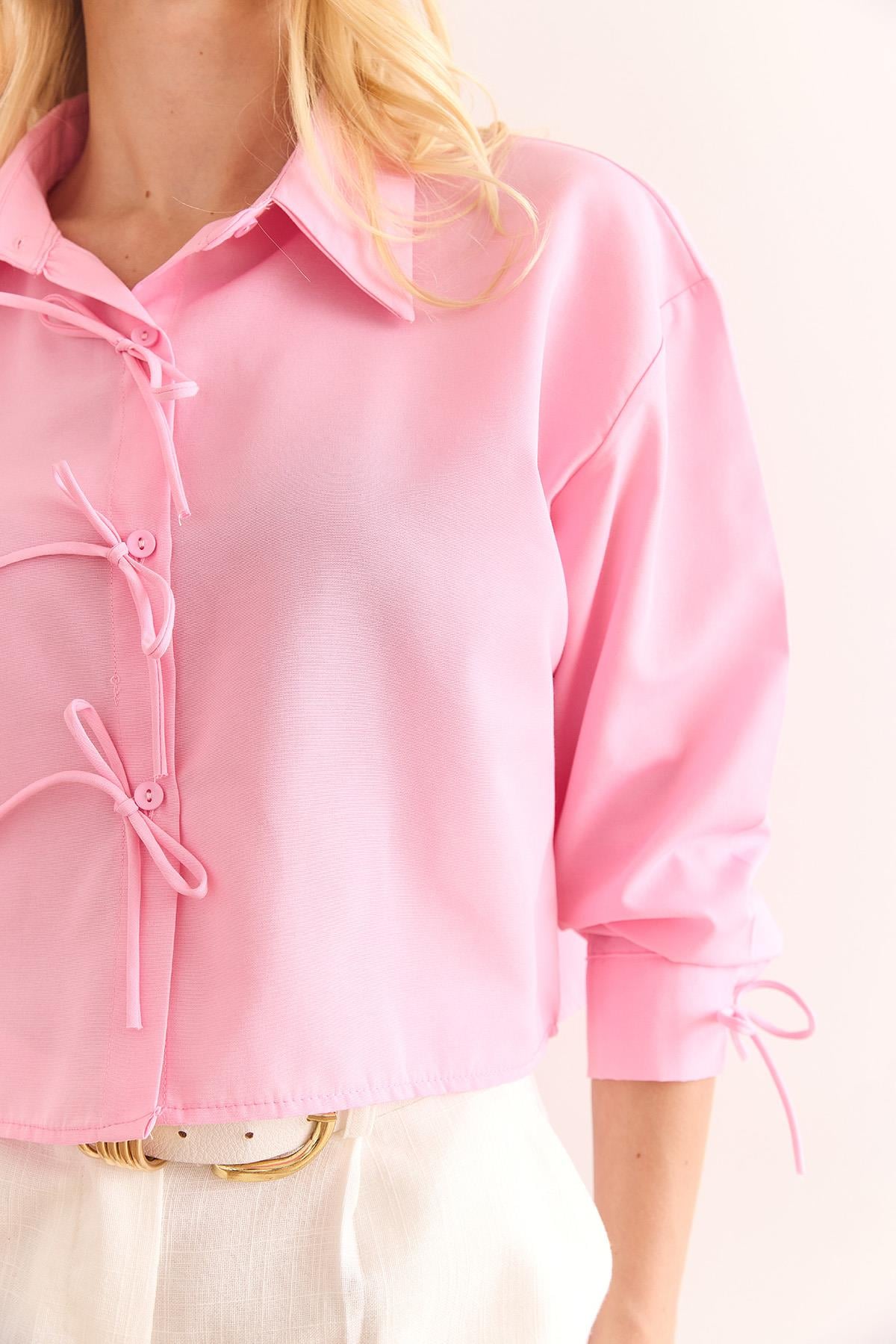 Bağcık Detaylı Crop Dokuma Gömlek Pembe