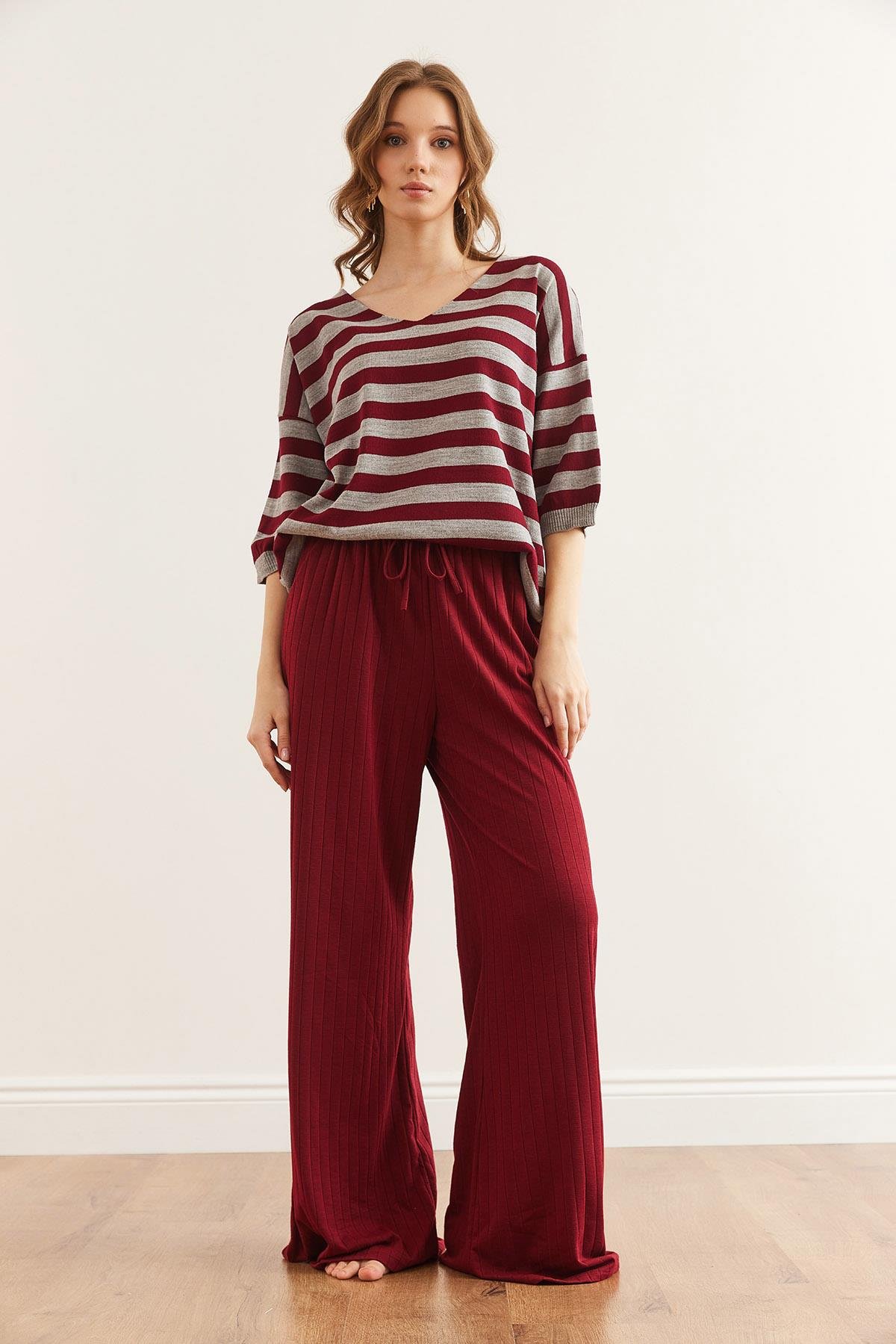 Bağcıklı Cepli Kalın Fitilli Salaş Pijama Alt Bordo