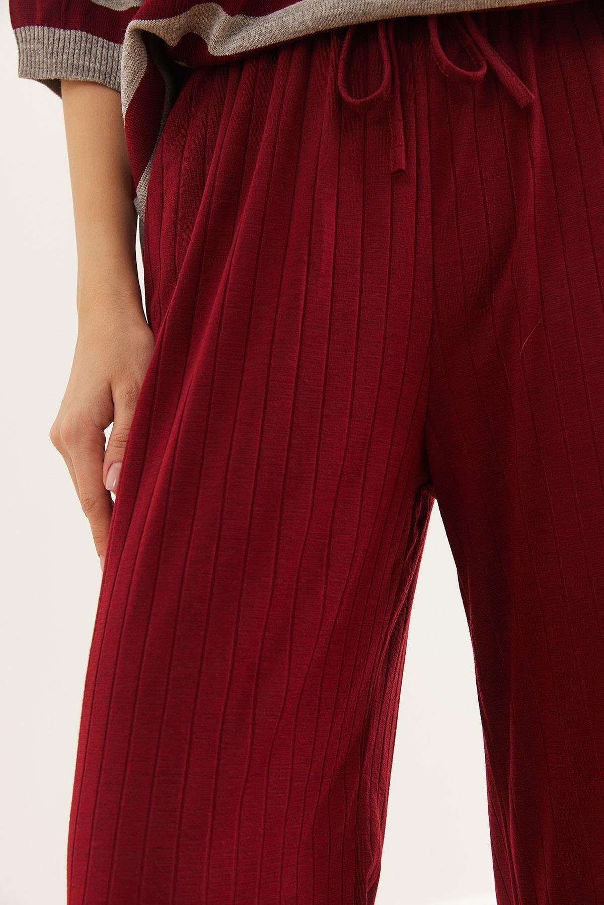 Bağcıklı Cepli Kalın Fitilli Salaş Pijama Alt Bordo