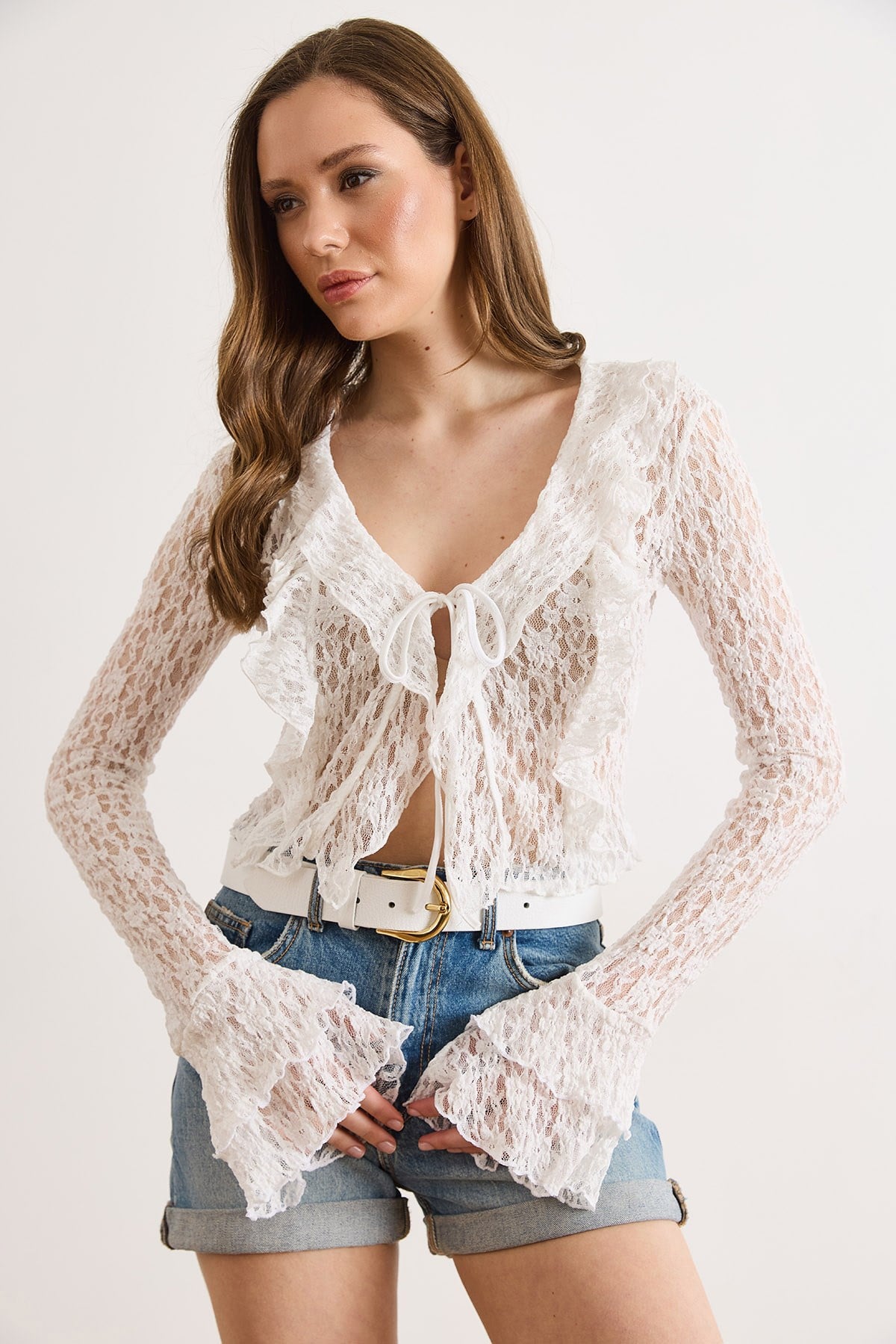 Bağlama Detaylı Boho Dantel Bluz Beyaz