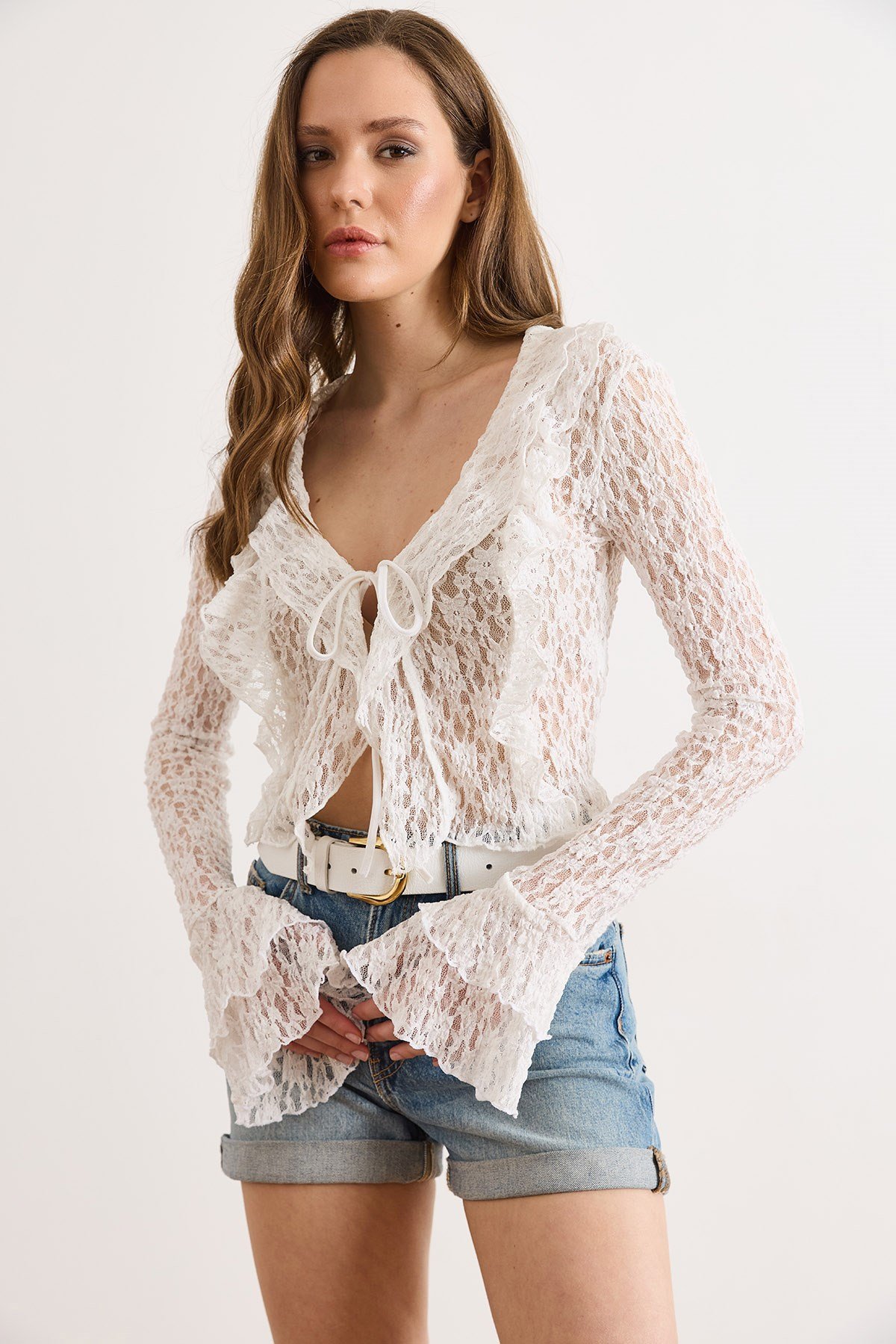 Bağlama Detaylı Boho Dantel Bluz Beyaz
