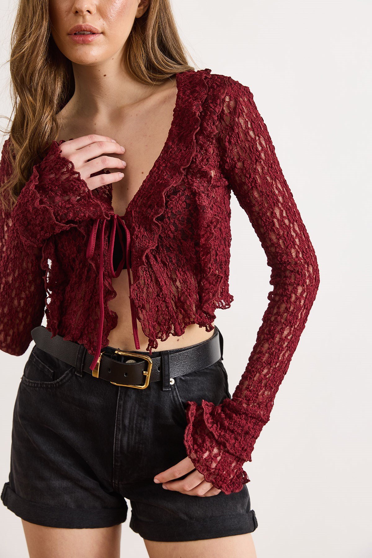 Bağlama Detaylı Boho Dantel Bluz Bordo