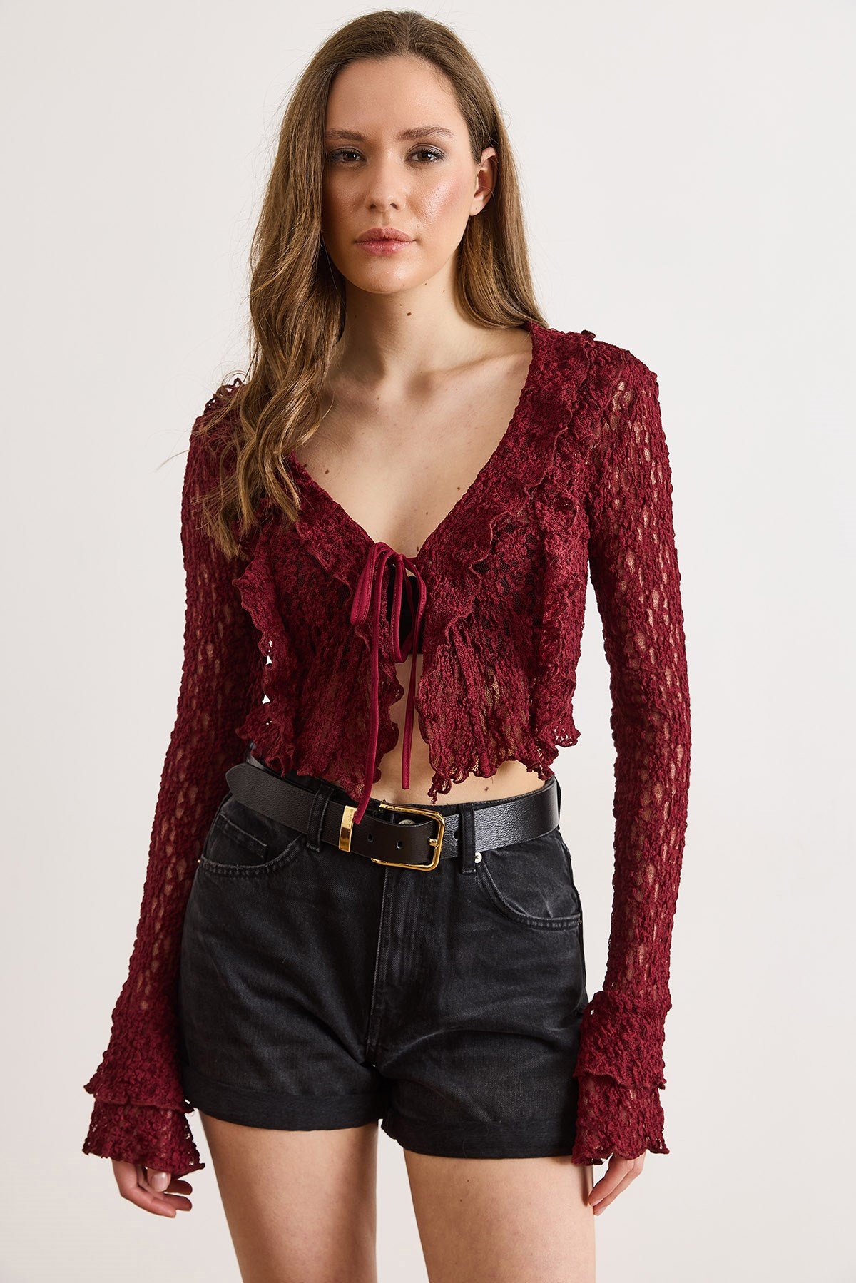 Bağlama Detaylı Boho Dantel Bluz Bordo