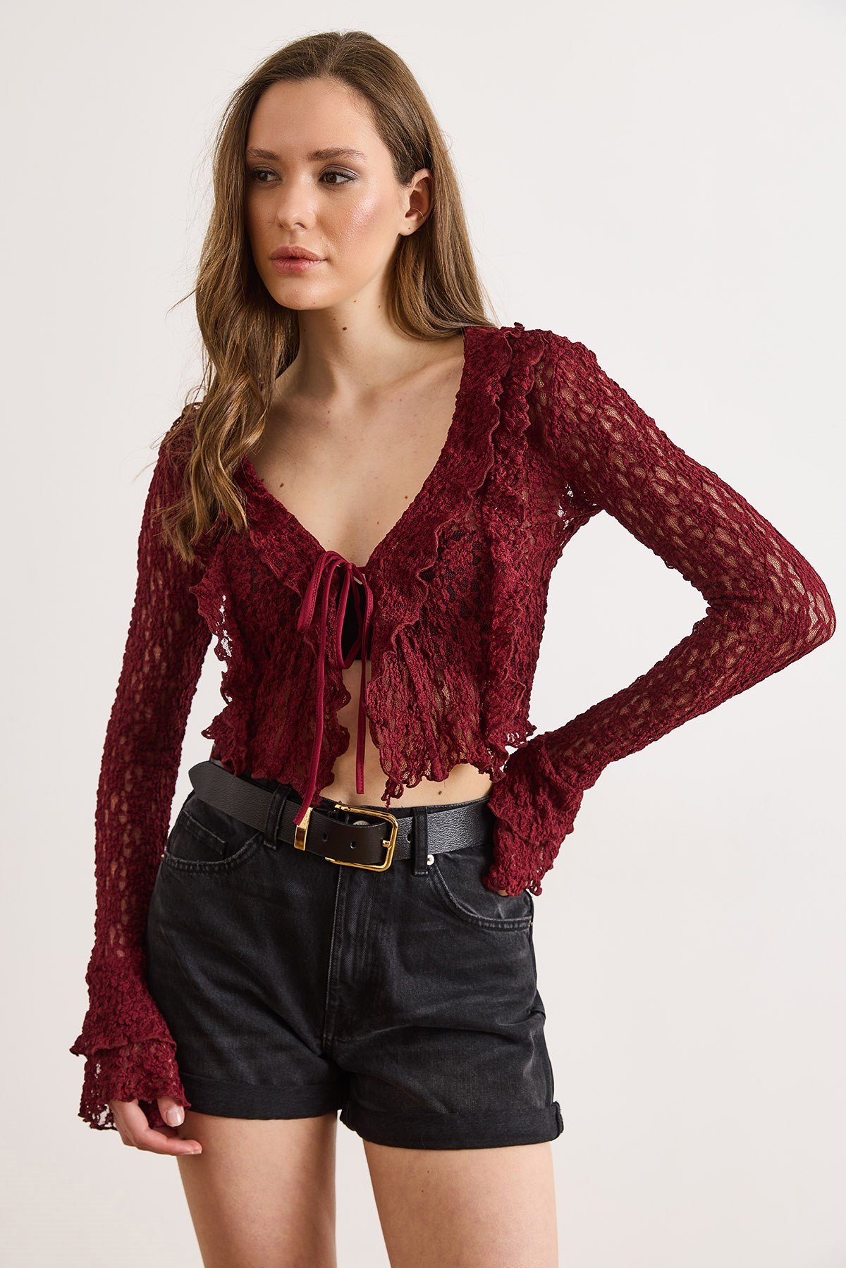 Bağlama Detaylı Boho Dantel Bluz Bordo