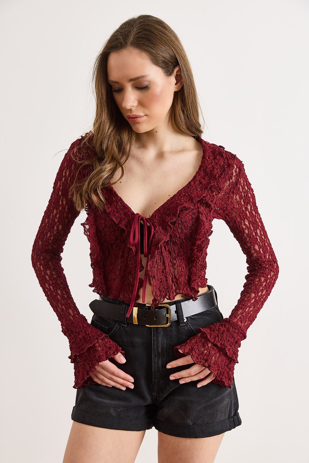 Bağlama Detaylı Boho Dantel Bluz Bordo