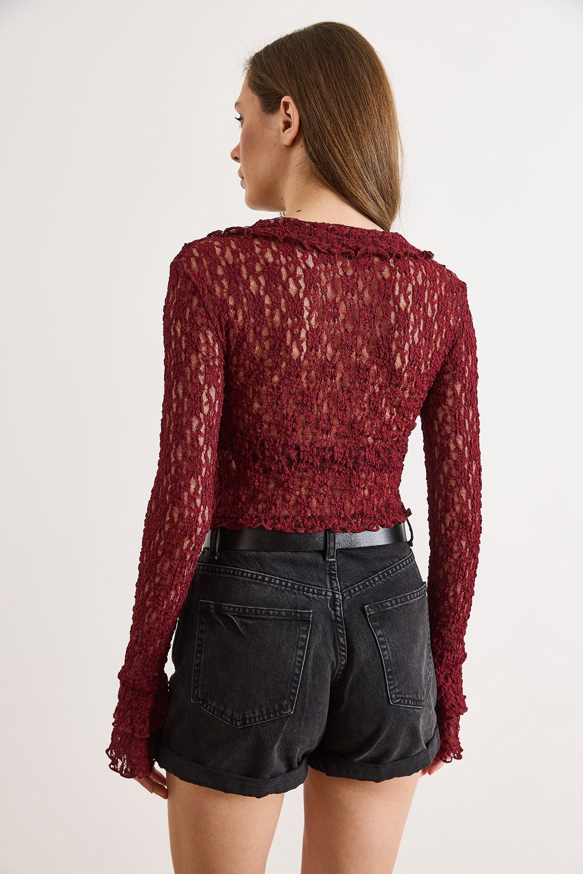 Bağlama Detaylı Boho Dantel Bluz Bordo
