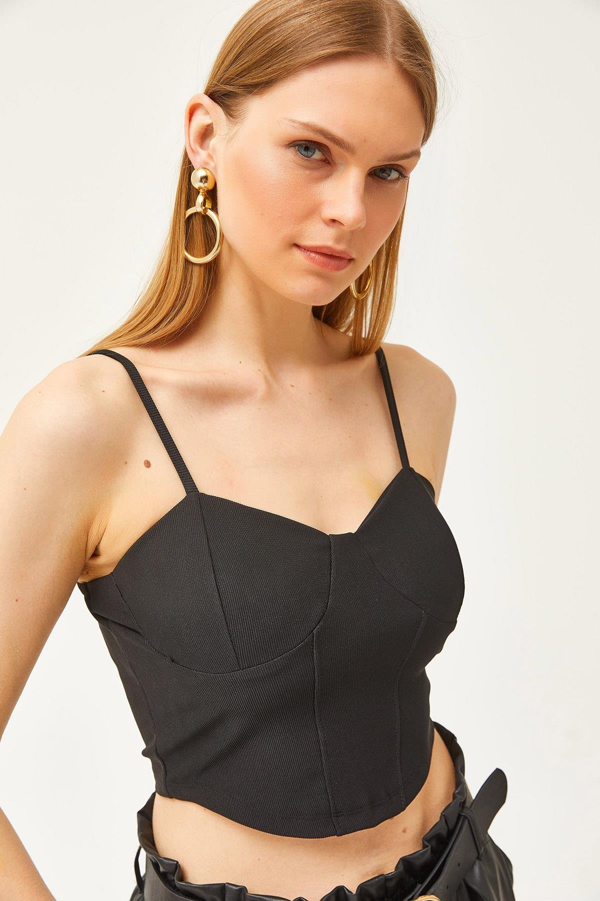 Balenli Ottoman Crop Bluz Siyah