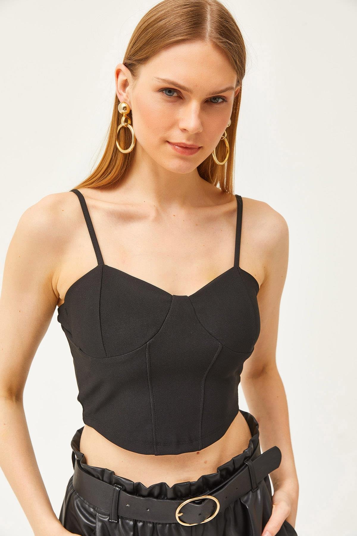 Balenli Ottoman Crop Bluz Siyah