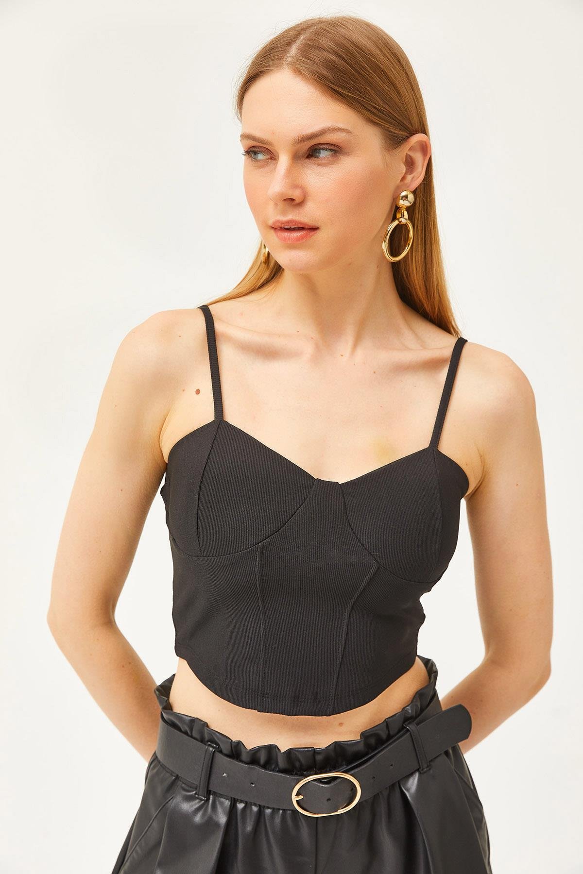 Balenli Ottoman Crop Bluz Siyah