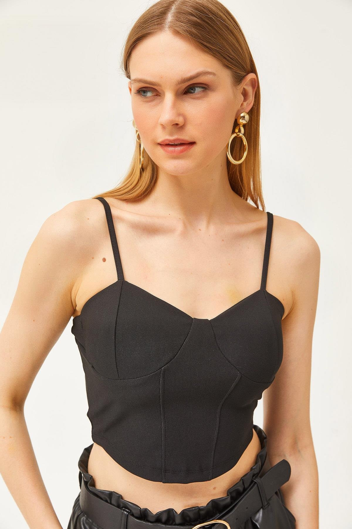 Balenli Ottoman Crop Bluz Siyah