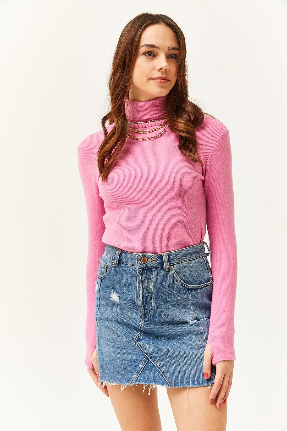 Balıkçı Yaka Parmak Detaylı Likralı Bluz Pembe