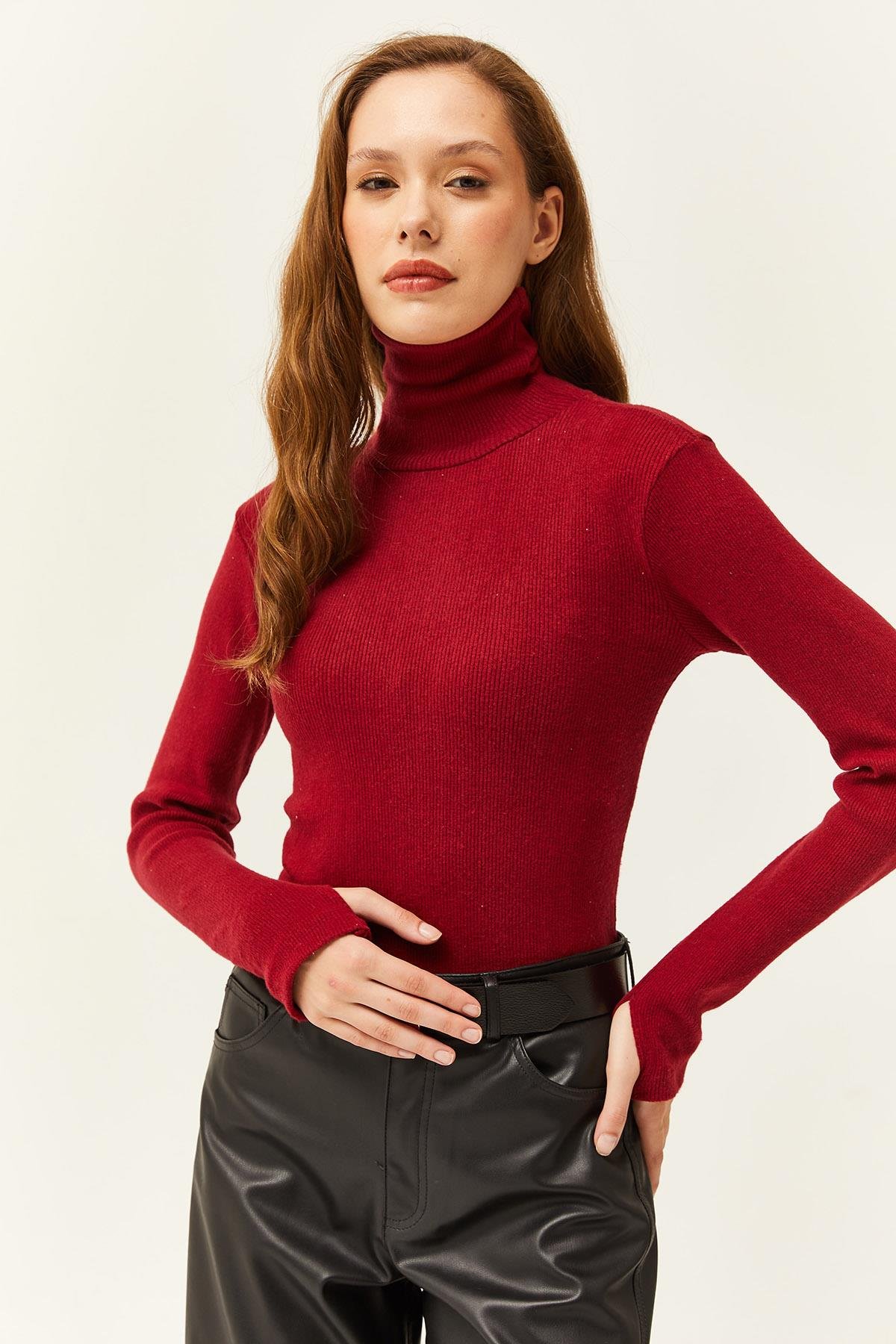 Balıkçı Yaka Parmak Detaylı Likralı Bluz Bordo