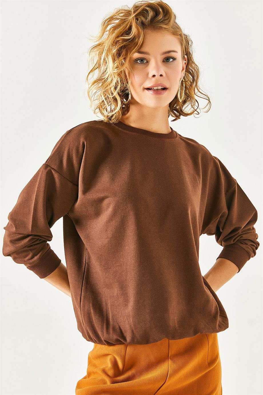 Basic Yumuşak Dokulu Salaş Sweatshirt Düz Acı Kahve