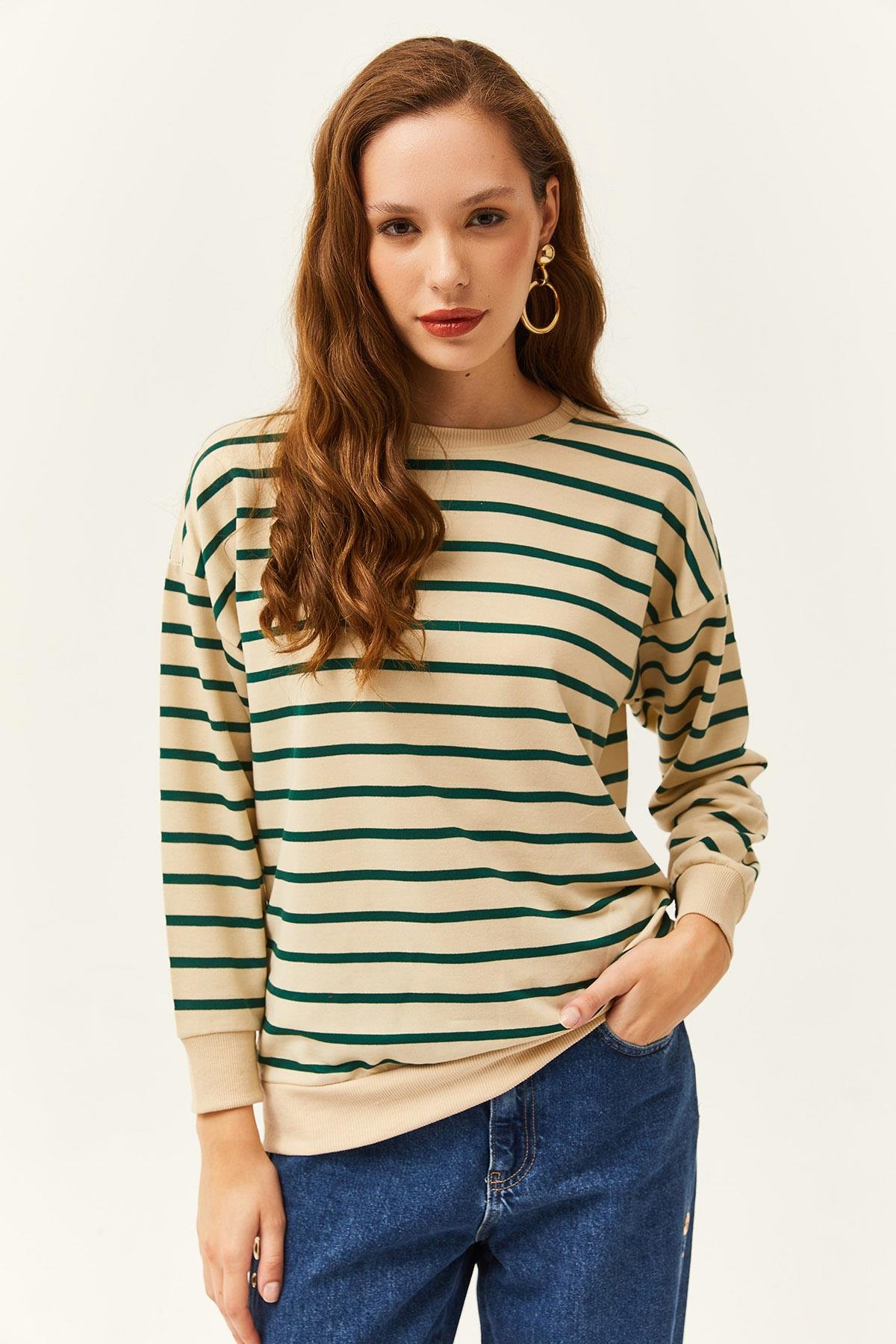 Basic Yumuşak Dokulu Salaş Sweatshirt Taş Yeşil