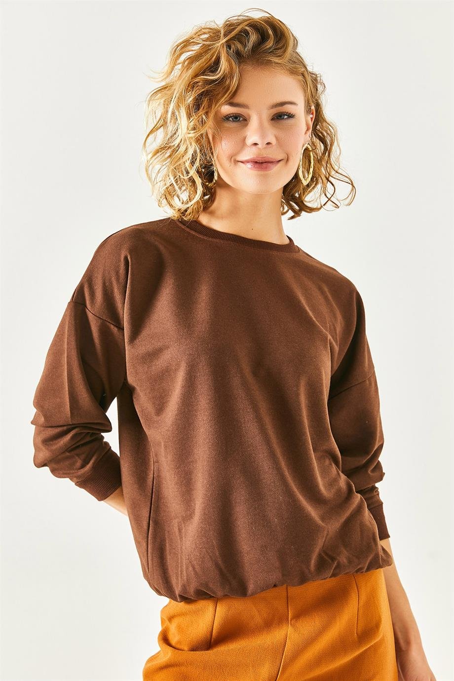 Basic Yumuşak Dokulu Salaş Sweatshirt Düz Acı Kahve