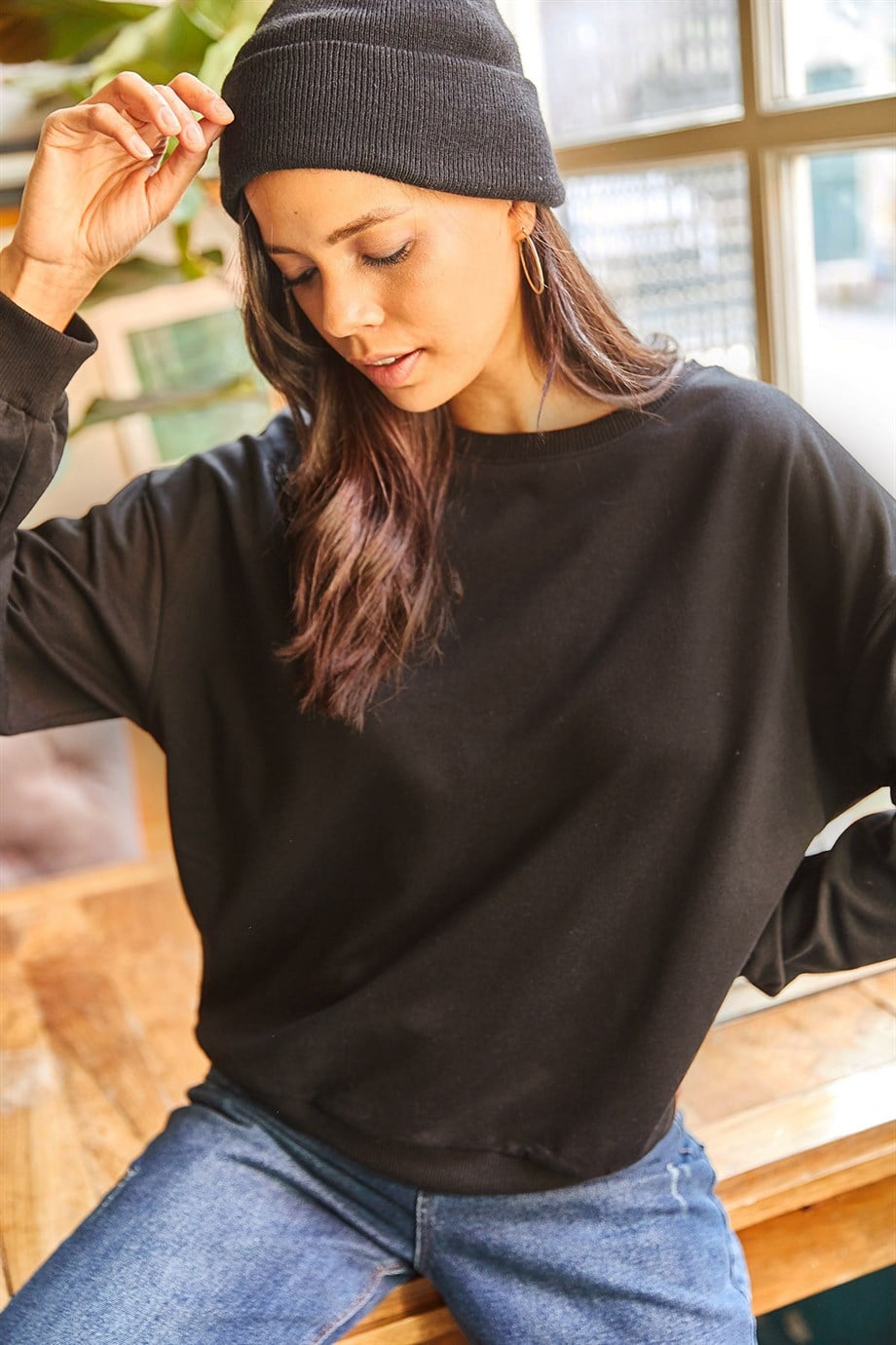 Basic Yumuşak Dokulu Salaş Sweatshirt Düz Siyah