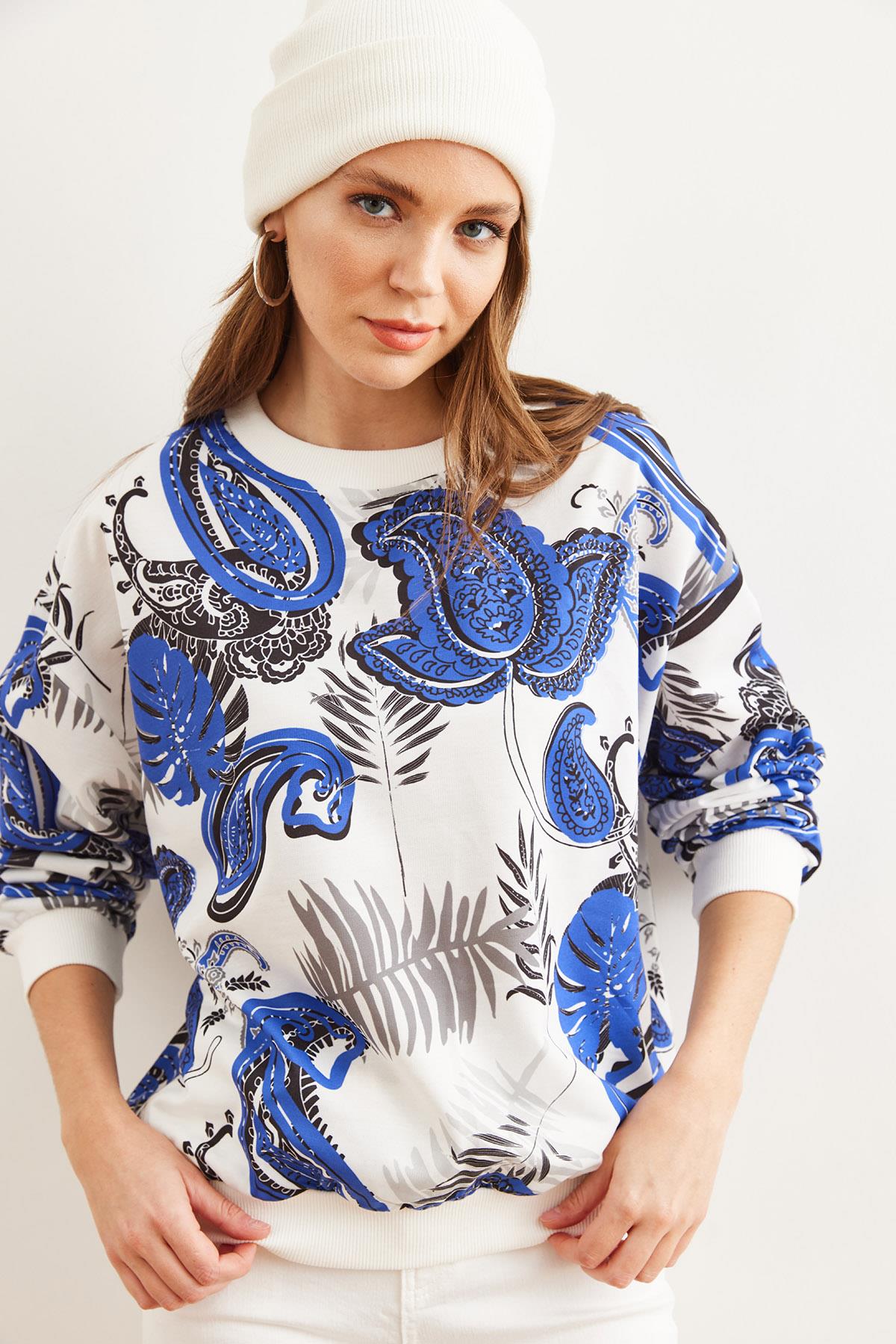 Basic Yumuşak Dokulu Salaş Sweatshirt Palmiye Saks Mavi