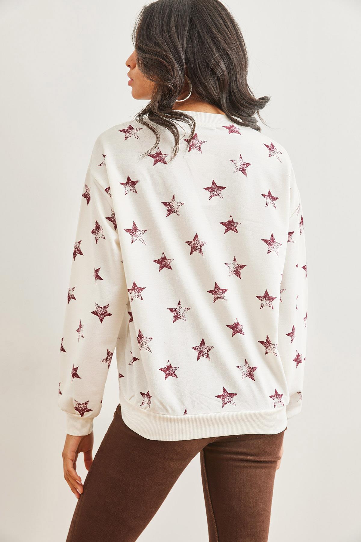 Basic Yumuşak Dokulu Salaş Sweatshirt Yıldız Bordo