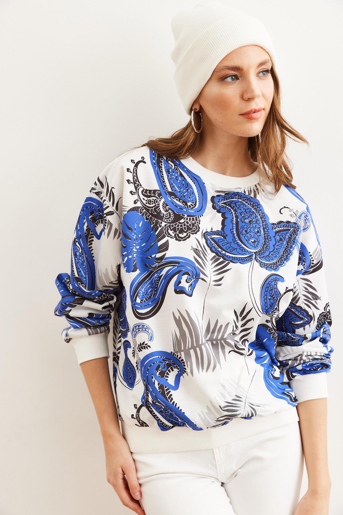 Basic Yumuşak Dokulu Salaş Sweatshirt Palmiye Saks Mavi