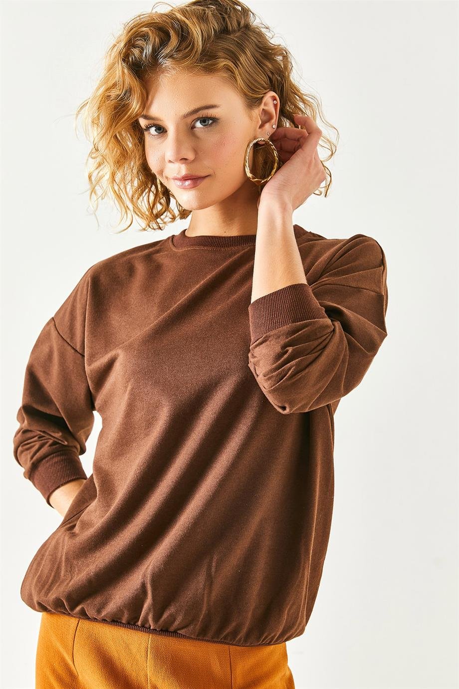 Basic Yumuşak Dokulu Salaş Sweatshirt Düz Acı Kahve